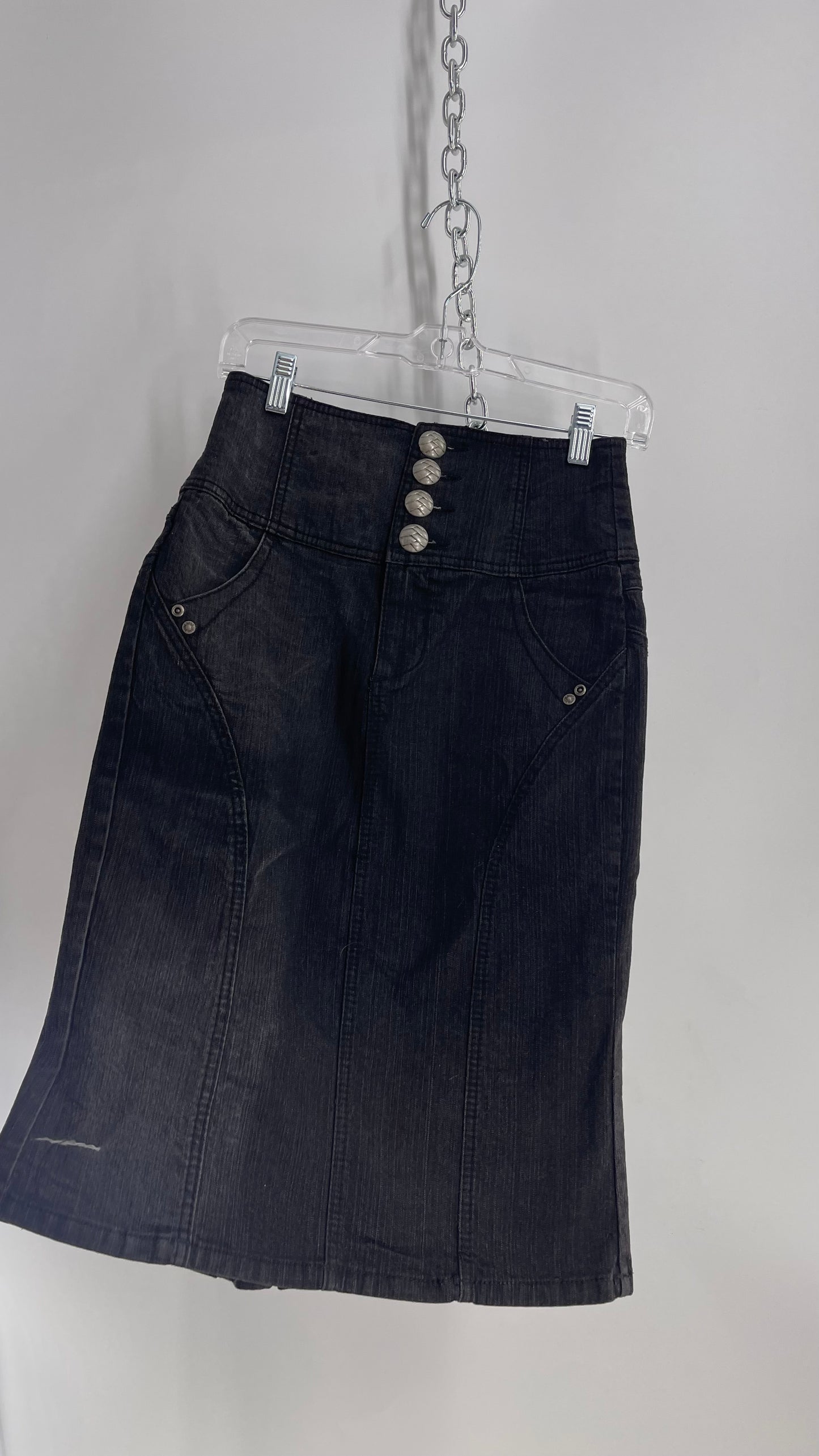 XOXO Dark Wash Denim Body Con Midi Skirt with Buttons, Embroidery, and Pleats (7/8)