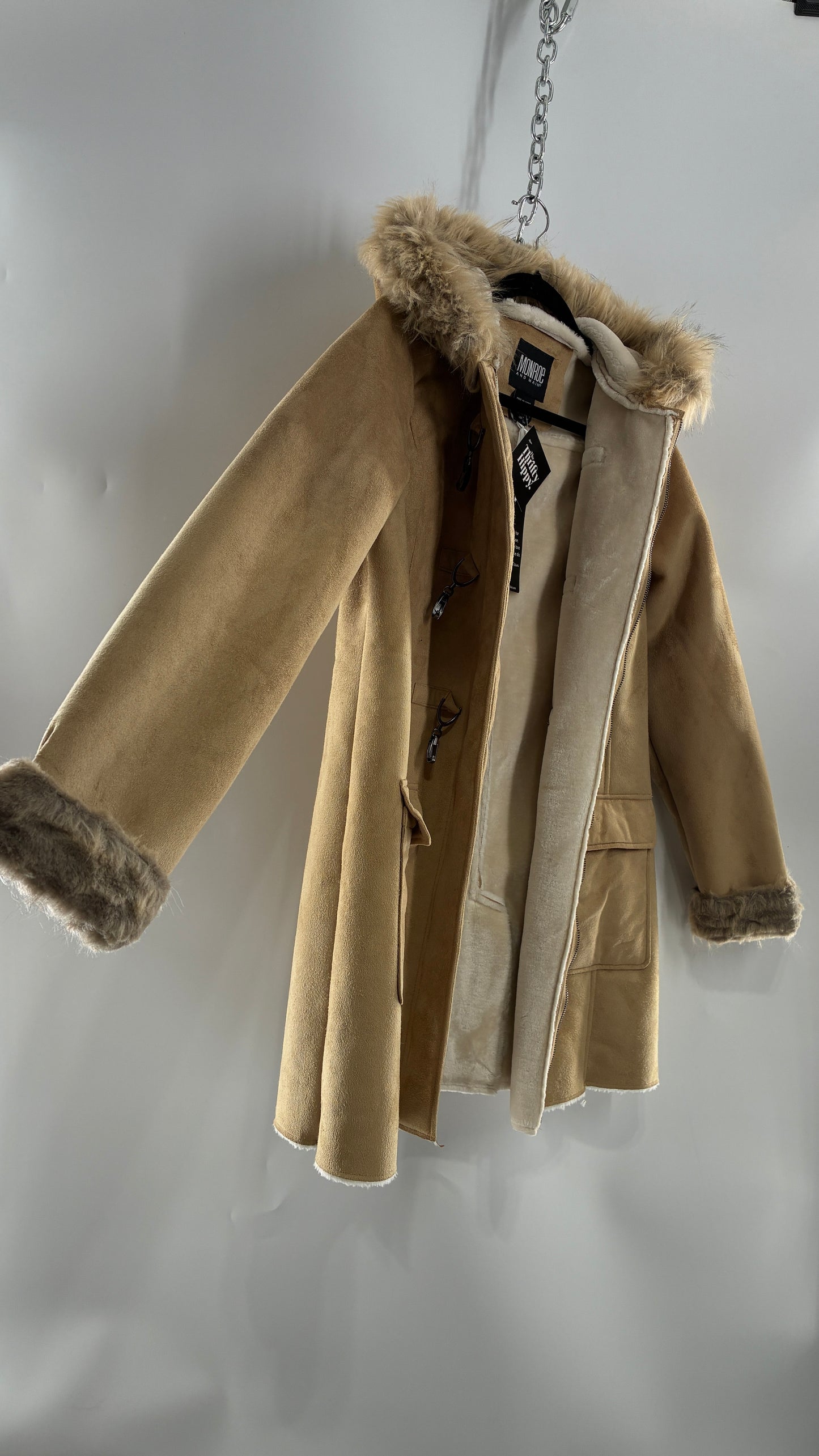 Deadstock Vintage MONROE AND MAIN Vegan Suede Coat with Fur Cuffs and Hood, Tags Attached (Medium)