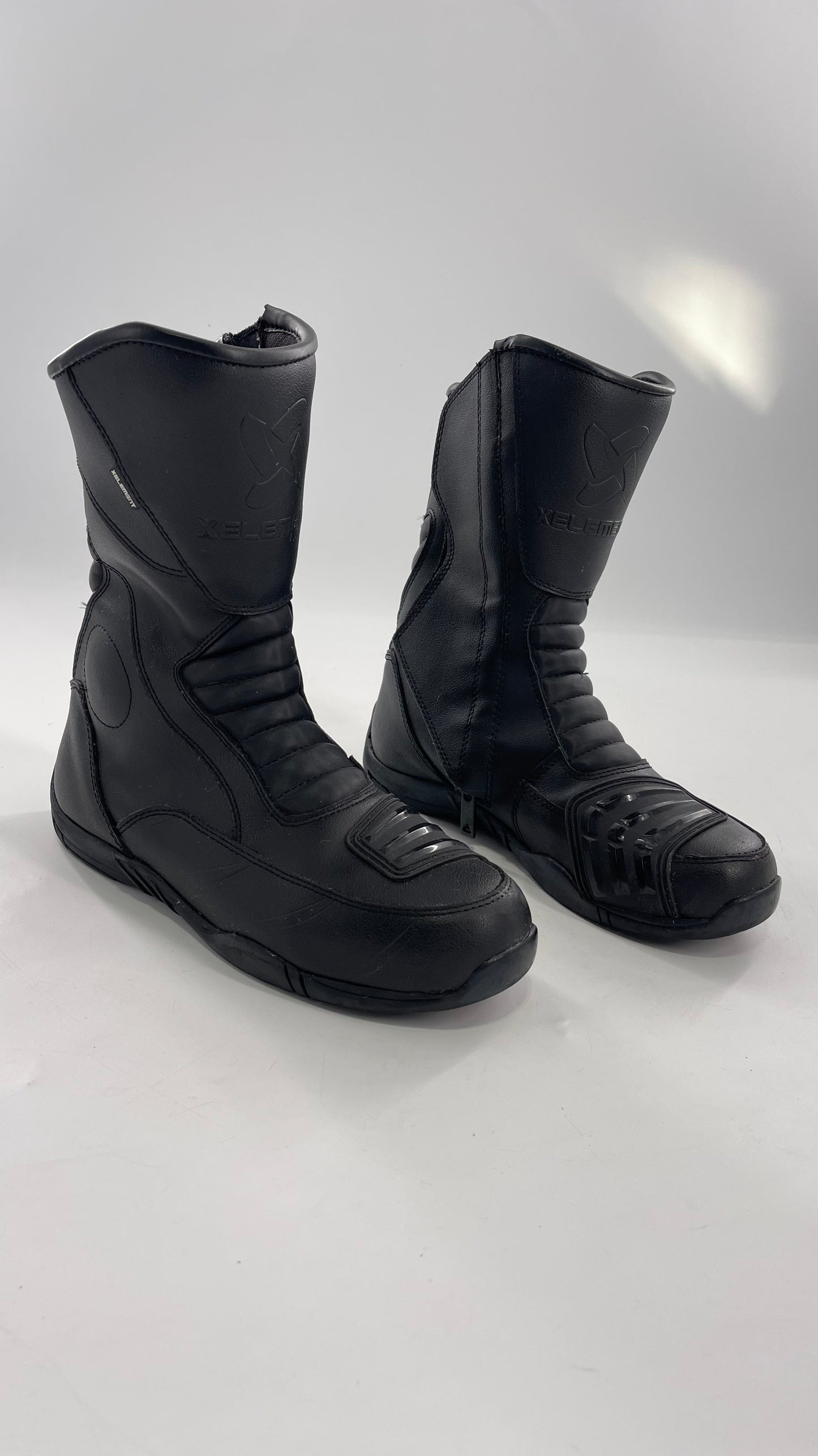 XELEMENT Black Leather Motorcycle Motocross Riding Boots (9.5)