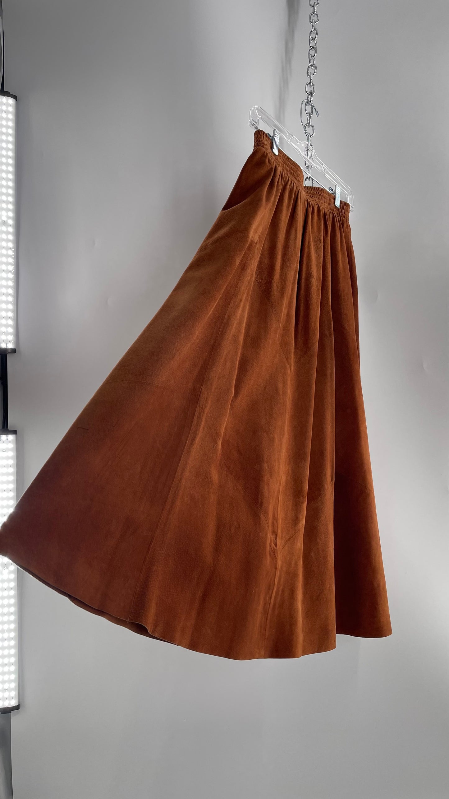 Vintage Brown Leather Suede Paneled Voluminous Skirt Assembled in Mexico (S)