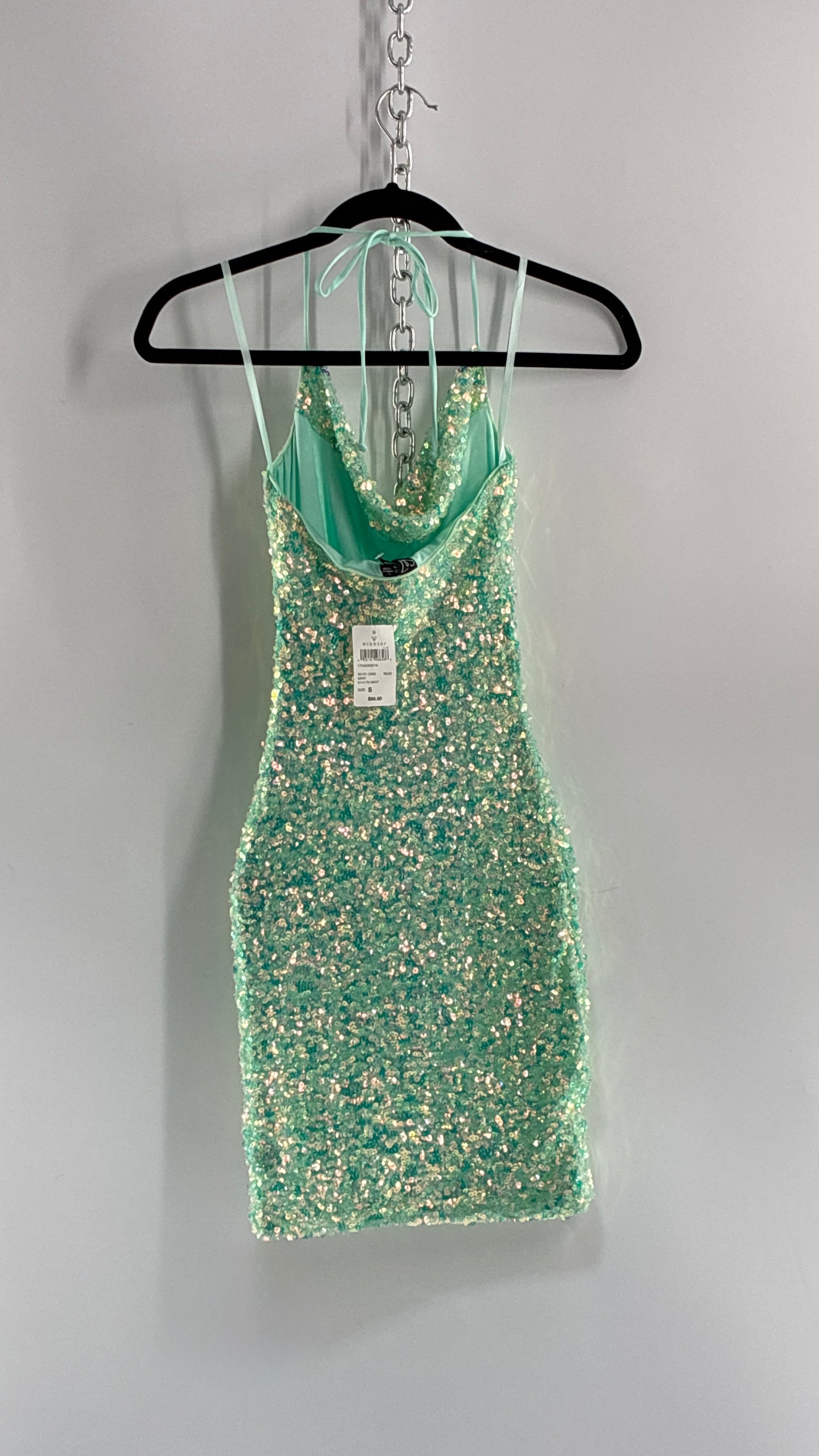 WINDSOR Aqua Blue Sequin Mini Dress with Draping Bustline and Tags (Small)