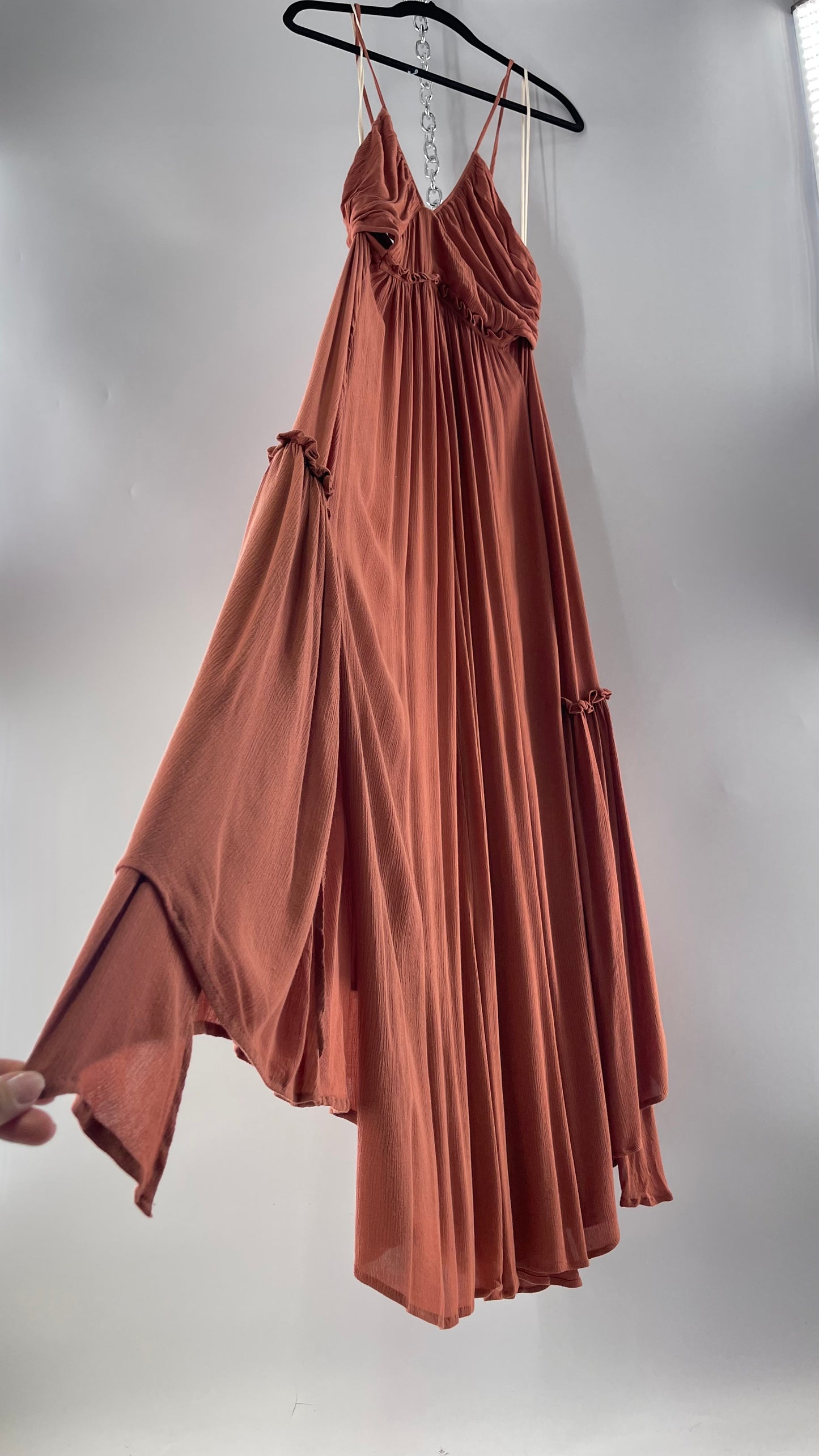 Free People Terracotta/Apricot Toned Voluminous Gown with Open Cut Out Sides and Low, Open Back (Large)