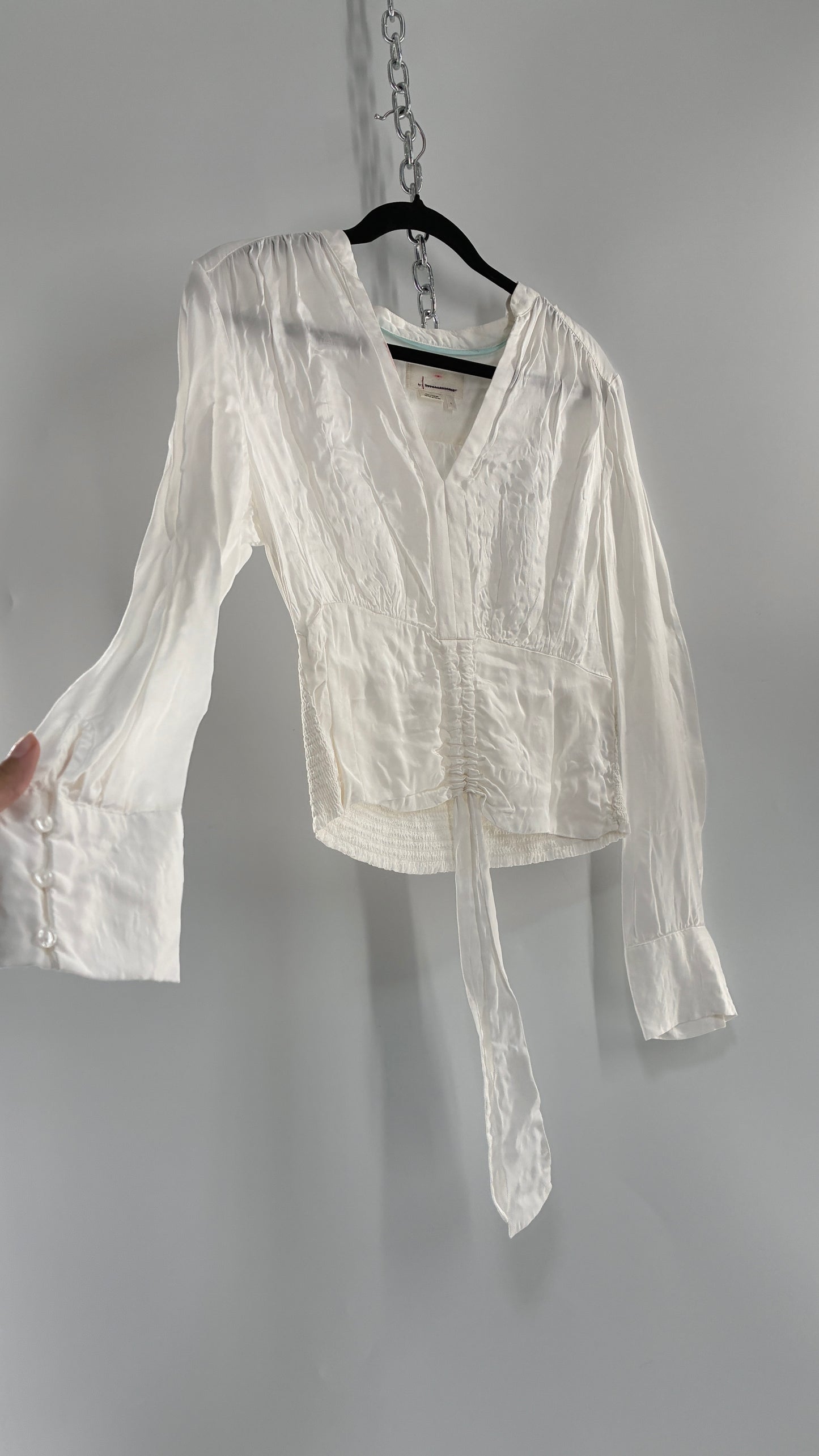 ANTHROPOLOGIE 100% Viscose White Silky Ruche Waist Blouse (Large)