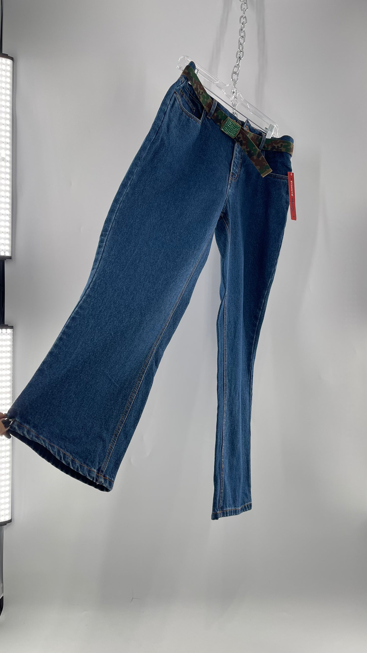 Deadstock Vintage Bill Blass Blue Jean with Camo Belt and Rhinestone Encrusted Buckle  (12P)