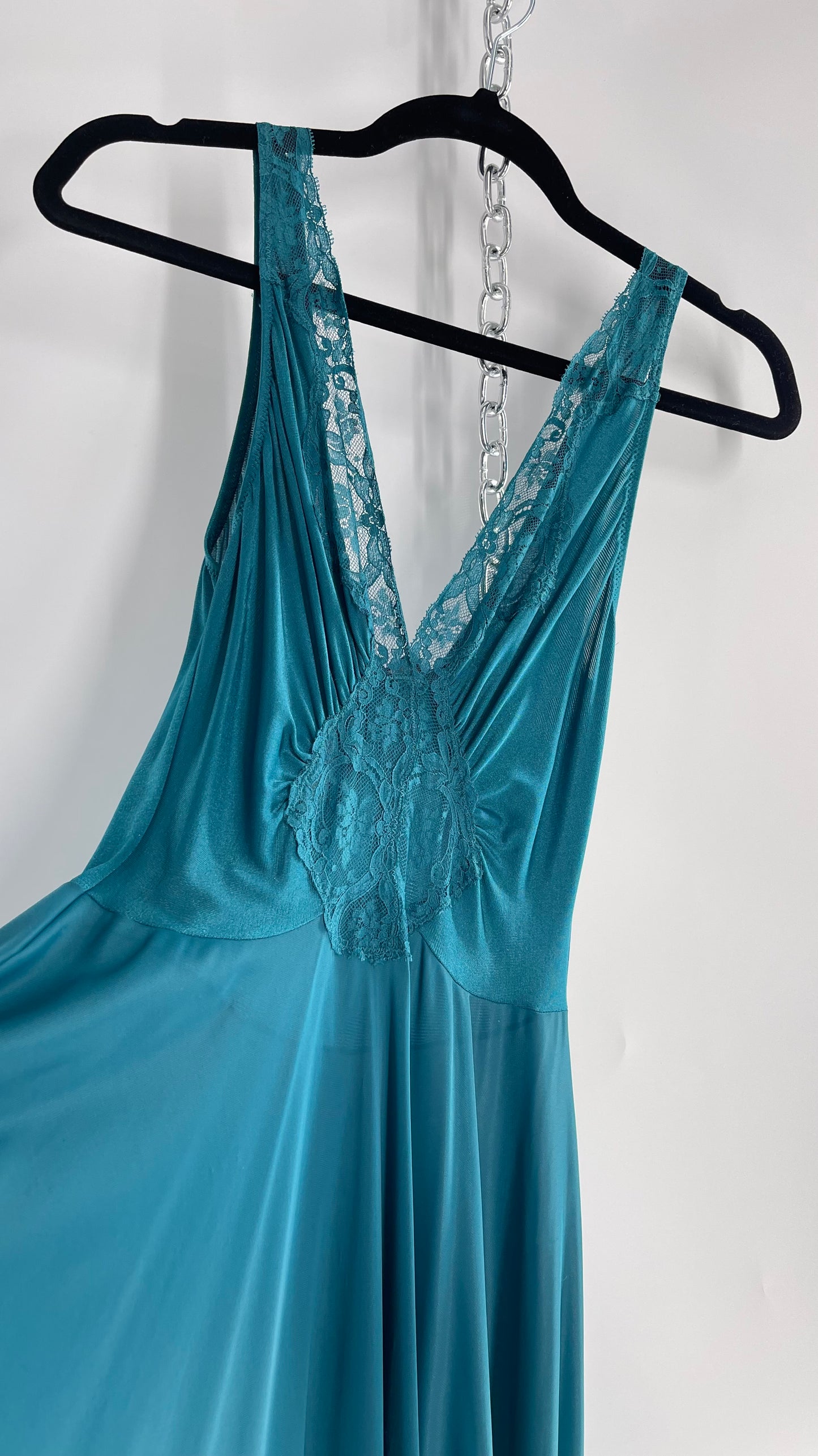 Vintage Olga Intimates Floor Length Voluminous Blue Jewel Toned Maxi Dress/Night Gown with Lace Bust (Small)