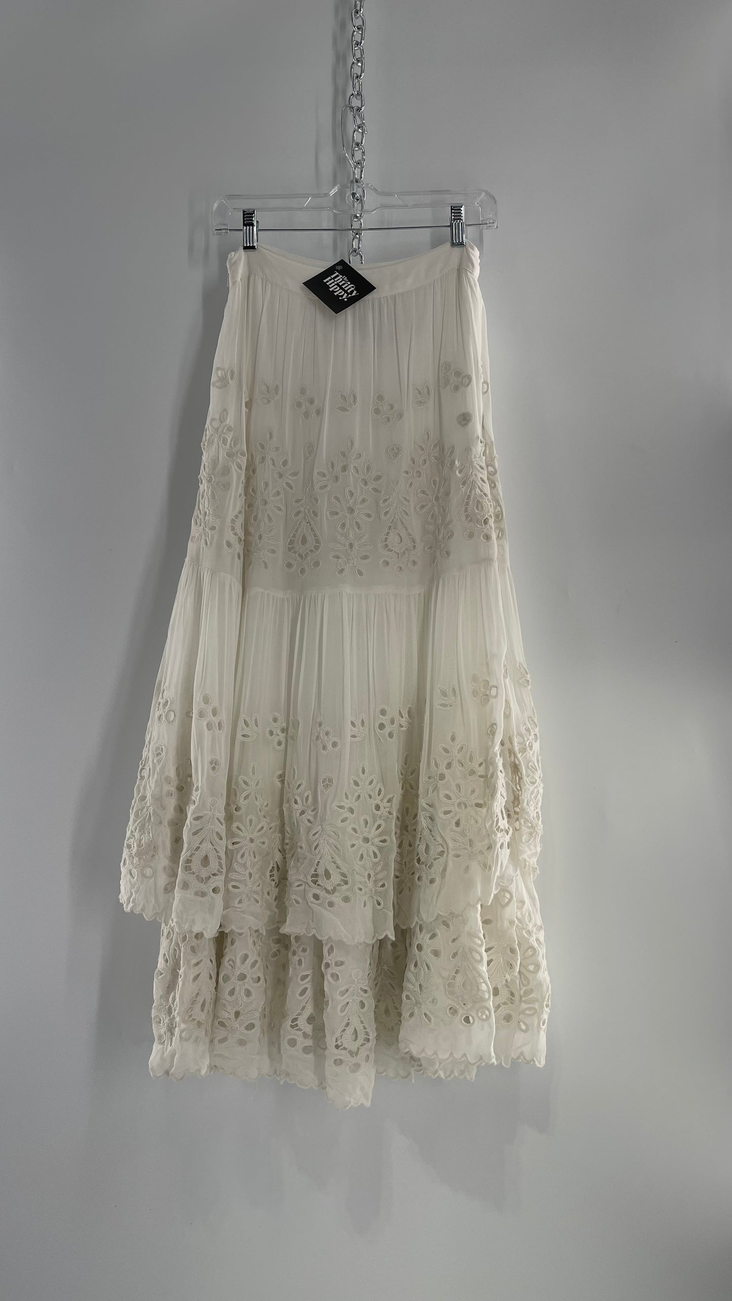 Free People White Embroidered Eyelet/Lace Voluminous Tiered Ruffle Full Length Skirt (4)