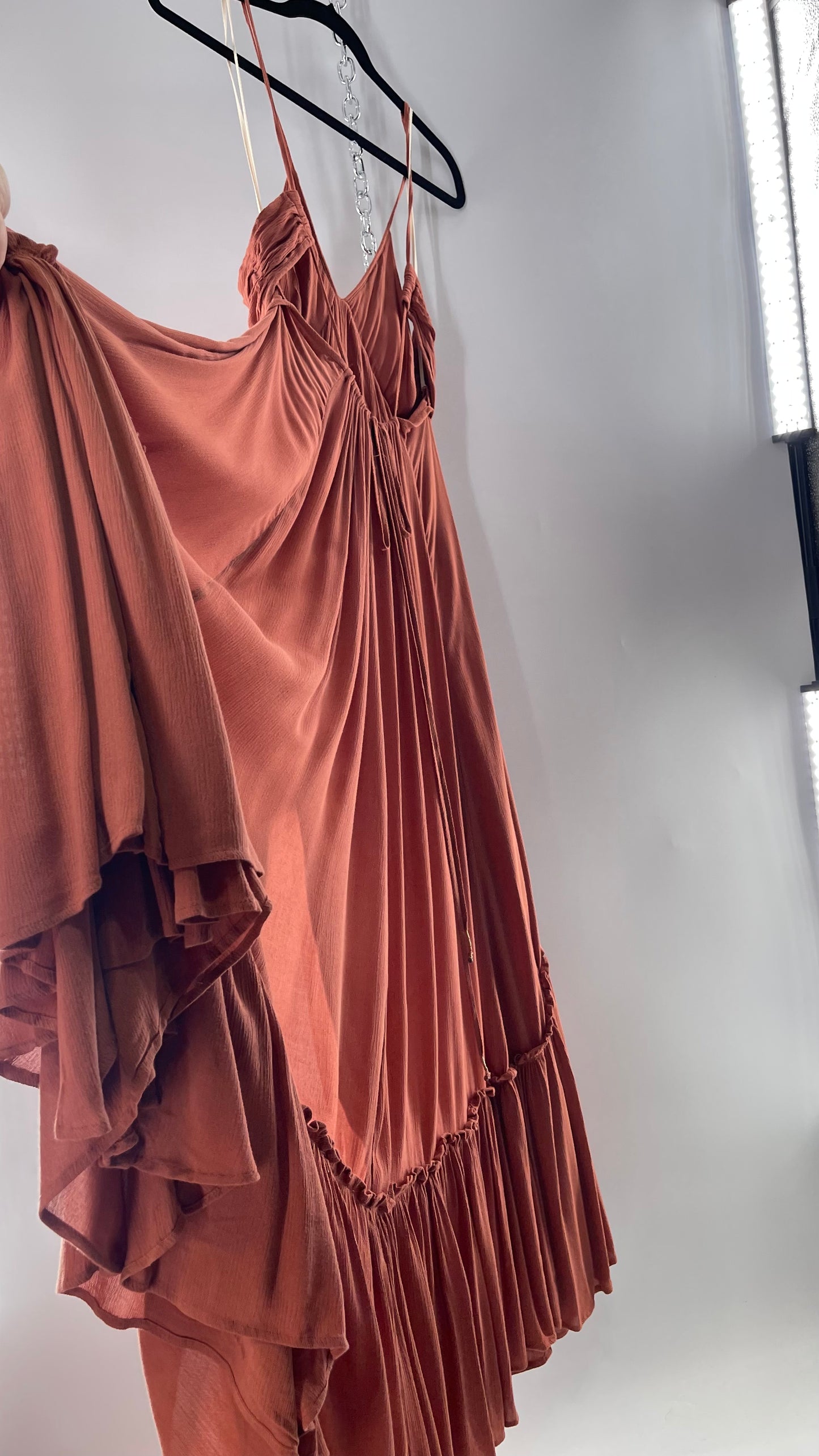 Free People Terracotta/Apricot Toned Voluminous Gown with Open Cut Out Sides and Low, Open Back (Large)