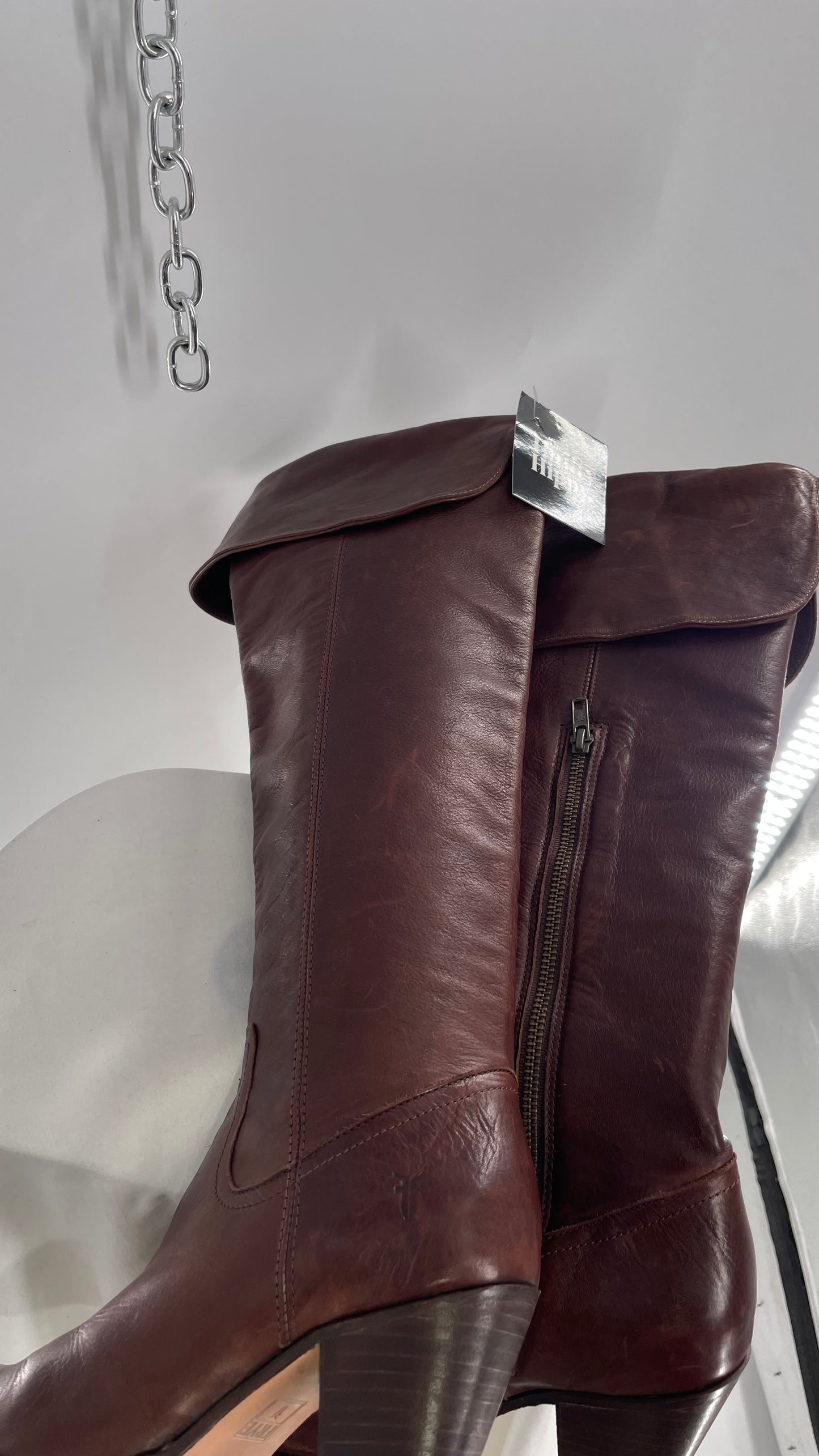 Vintage FRYE Brown Leather Fold Over Thigh High Round Toe Boots (8)