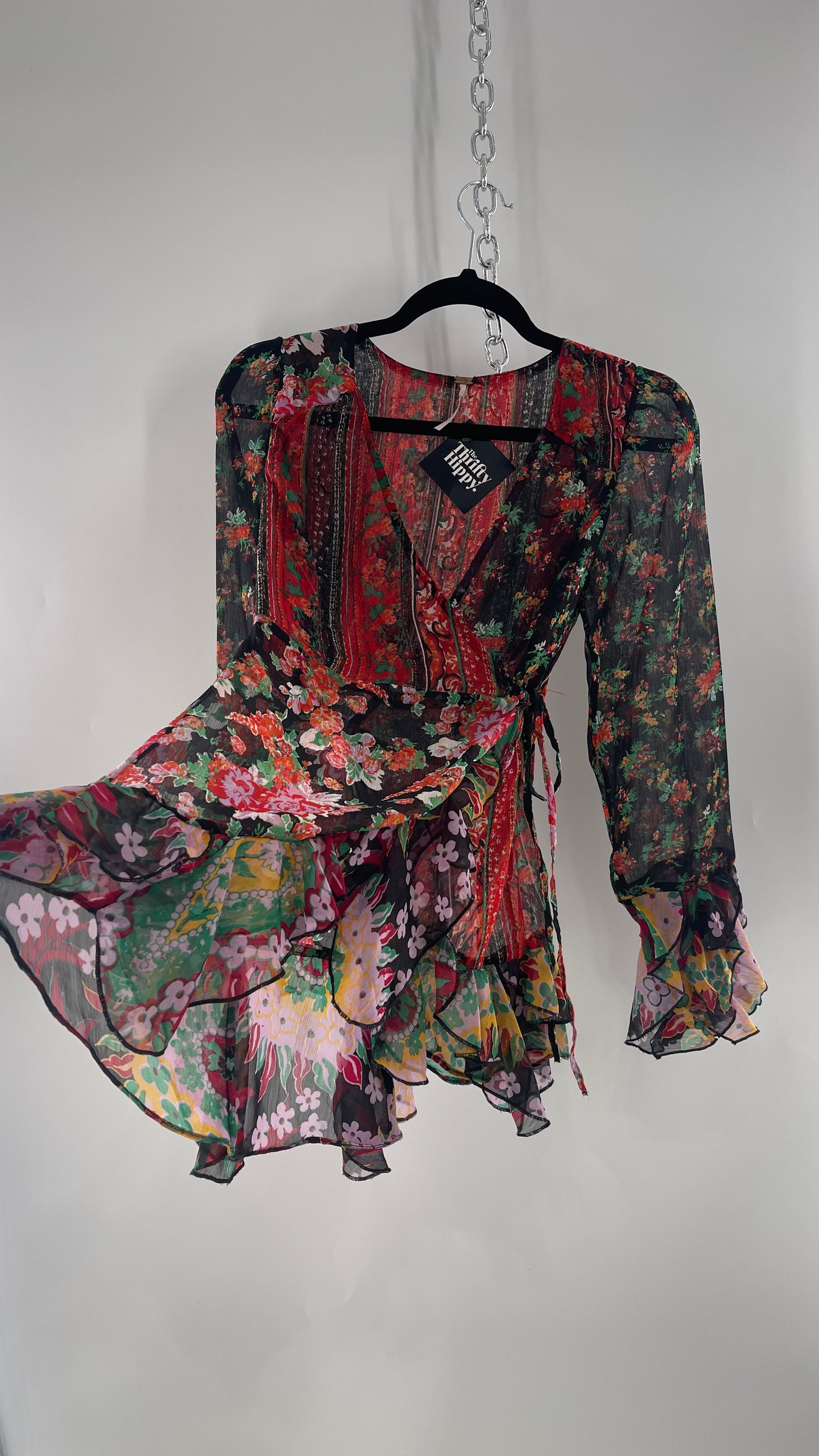 Free People Black Colorful Floral Tie Front Blouse with Ruffled Sleeves and Hem(XS)