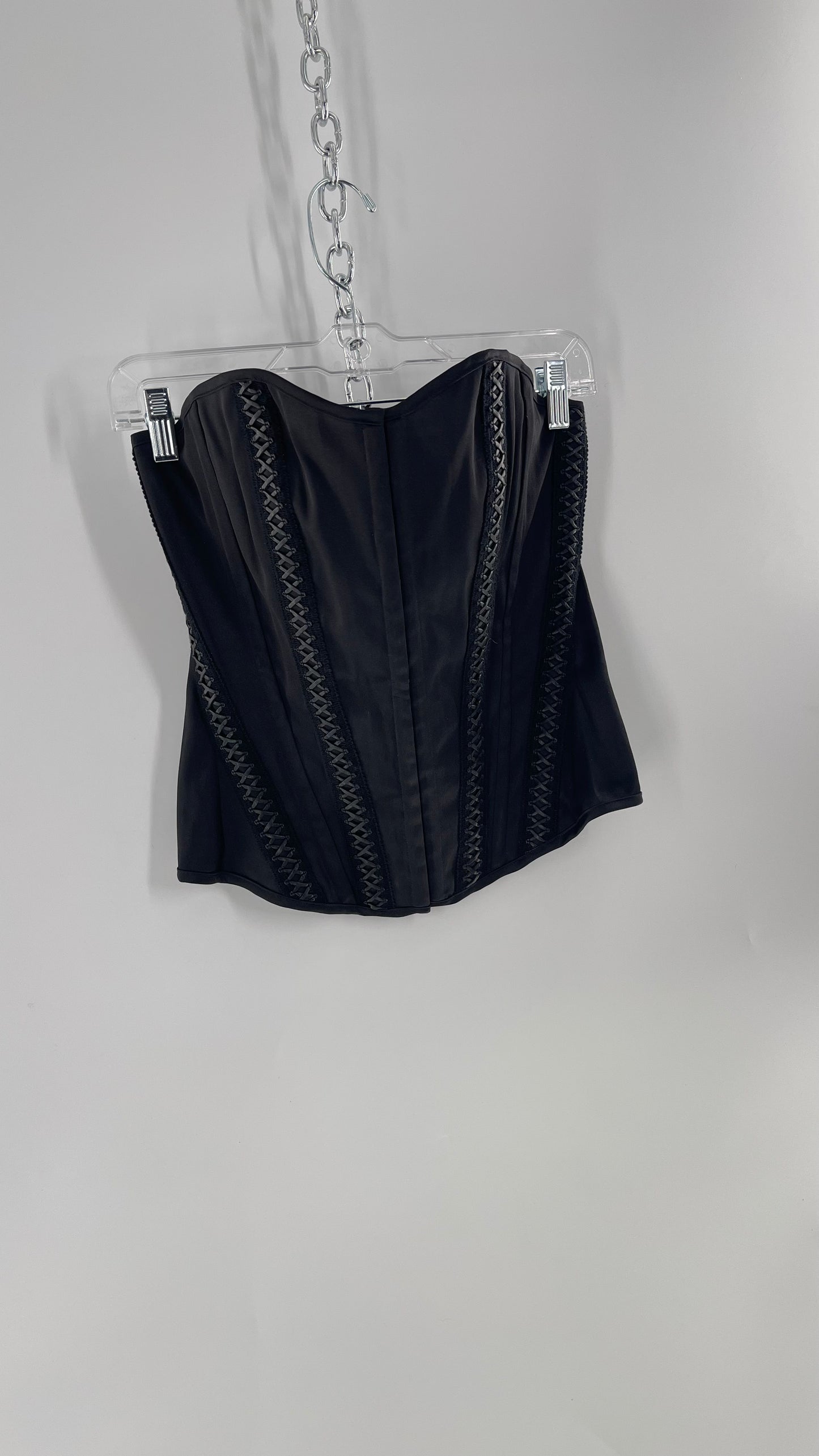 Vintage Charlotte Russe Black Boned Corset with Criss Cross Leather Details and Lace Up Back (Large)