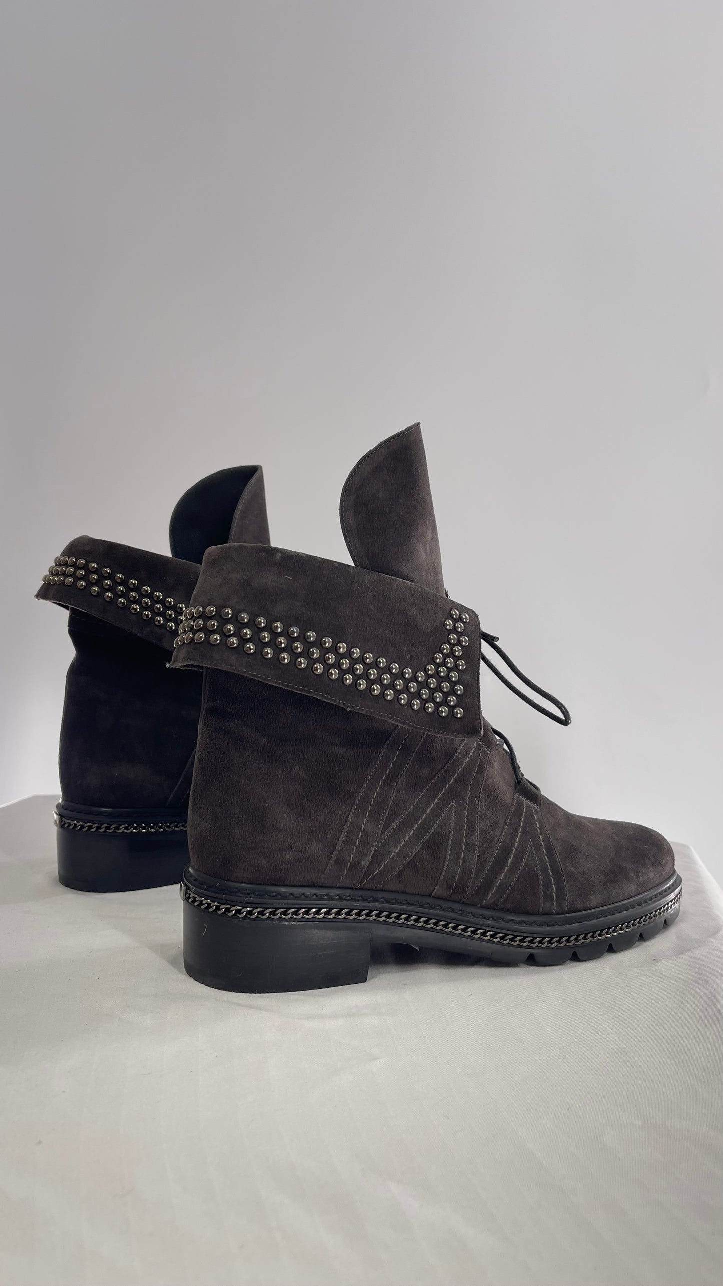 Stuart Weitzman Yadastud Grey Suede Leather Studded, Chainlink Boots (8)