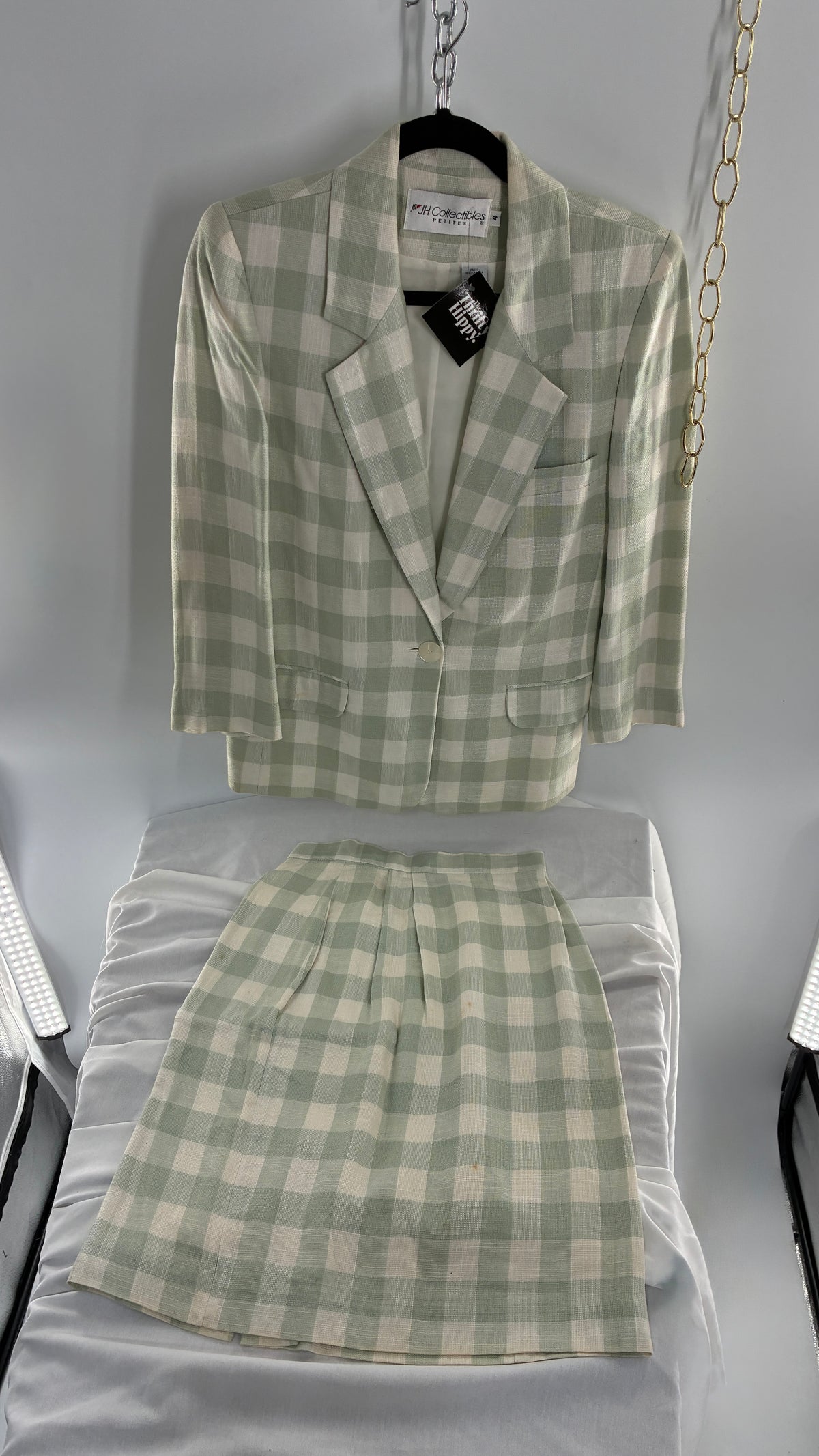 Vintage JH COLLECTIBLES 100% Rayon, Sage Gingham Suit Set (6 Skirt, 4 Blazer)