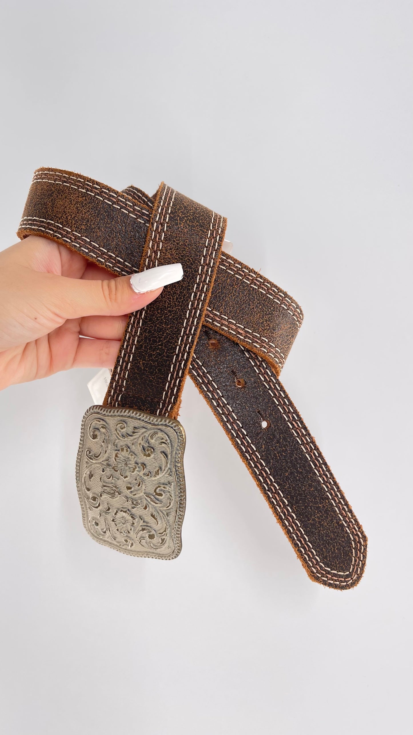 Vintage Belt Shak Brown Leather Belt with Stitching and Embossed Silver Metal Buckle (M)