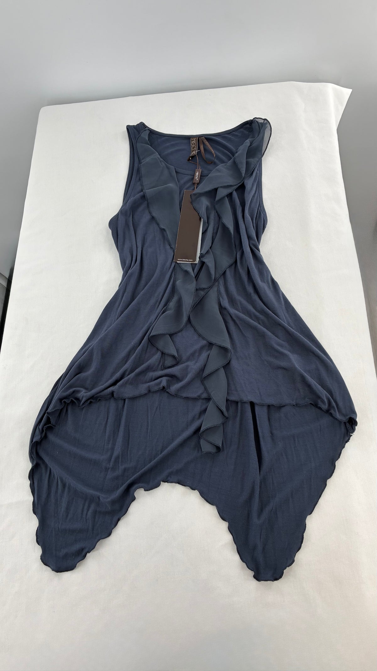Vintage KISCHE Dusty Navy, Ruffled Handkerchief Hem Tagged Tank (Small)