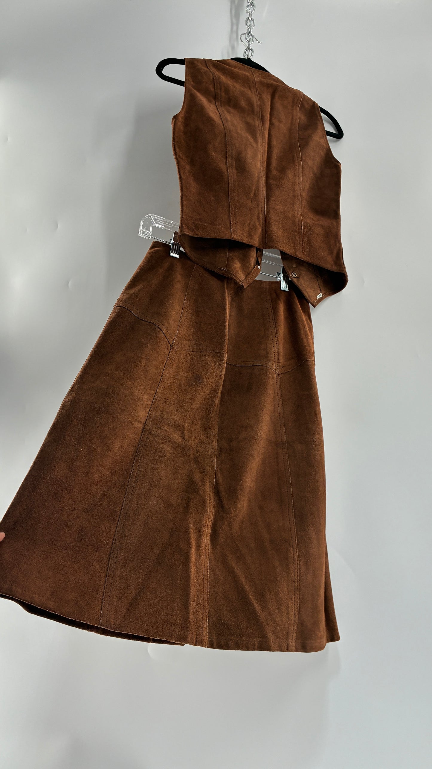 Vintage 1970s Genuine Suede Brown Leather Button Front Skirt and Vest Made in Mexico (XS/S)