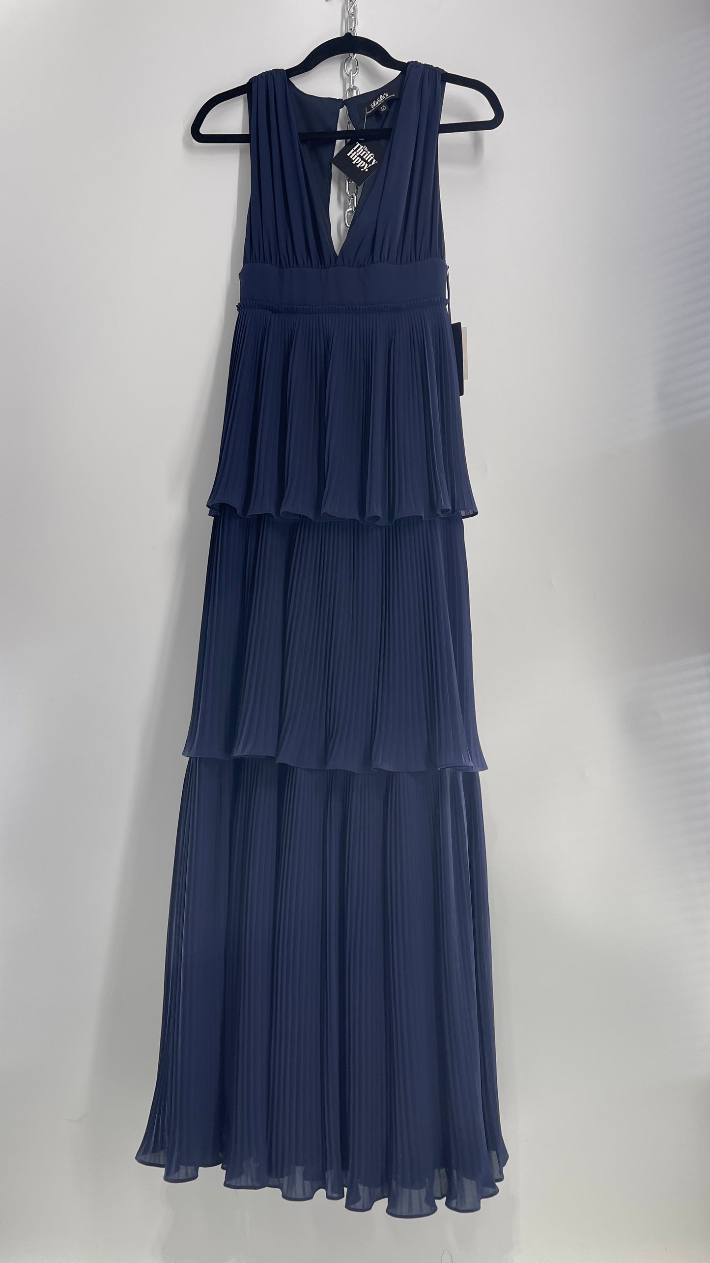 Lulu*s Pleated Navy Blue Floor Length Gown with Three Tiers and Tags Attached (XS)