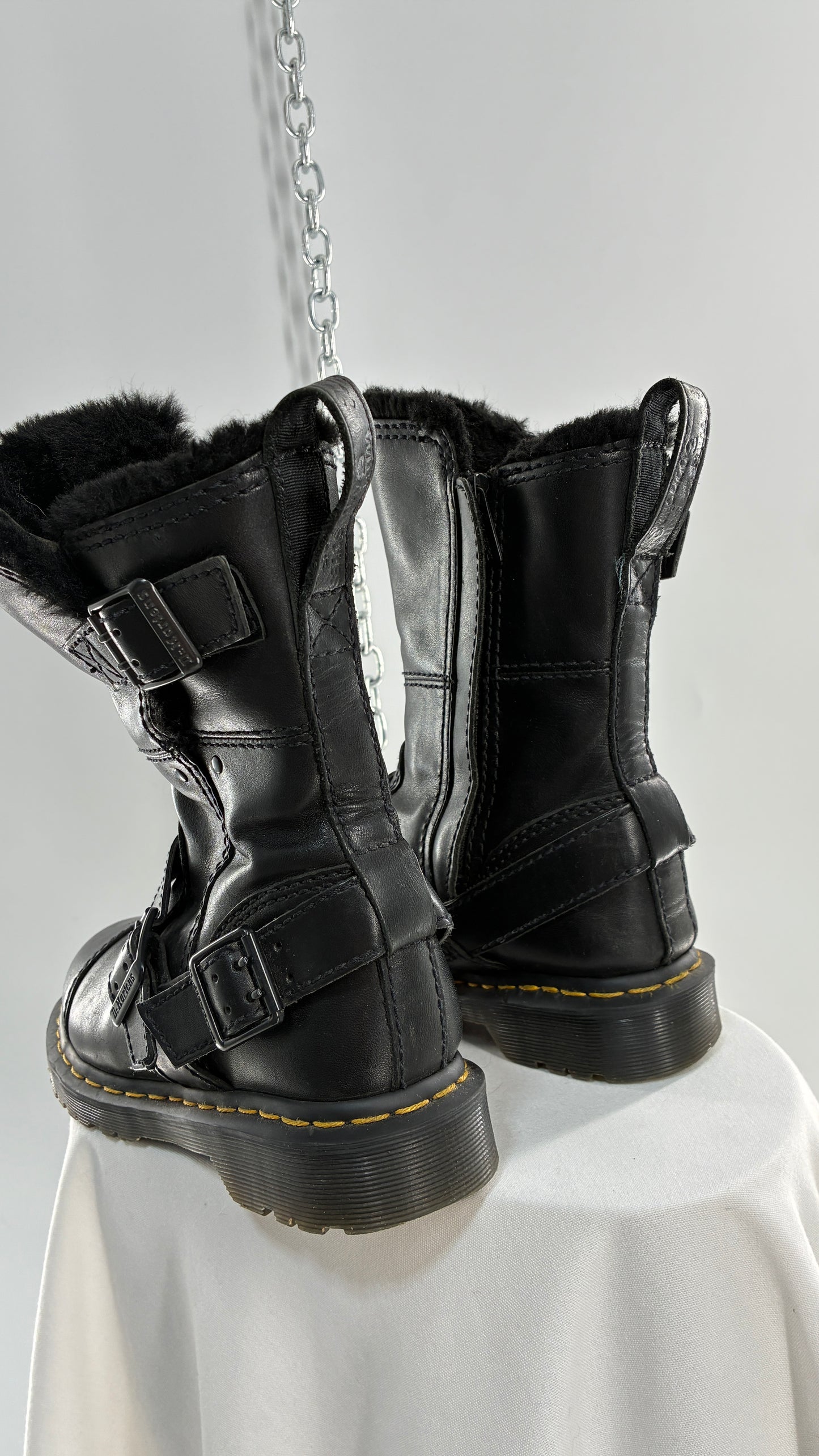 RARE Vintage Dr. Marten Kristy Mid Calf Faux Fur Black Leather Boots (8L)