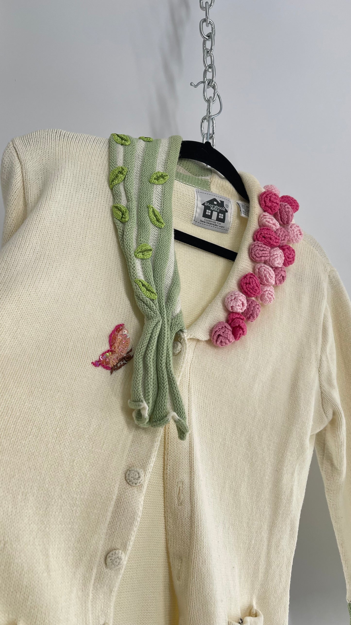 Vintage Storybook Knits Flower Bouquet and Butterfly Knit Cardigan (Small)