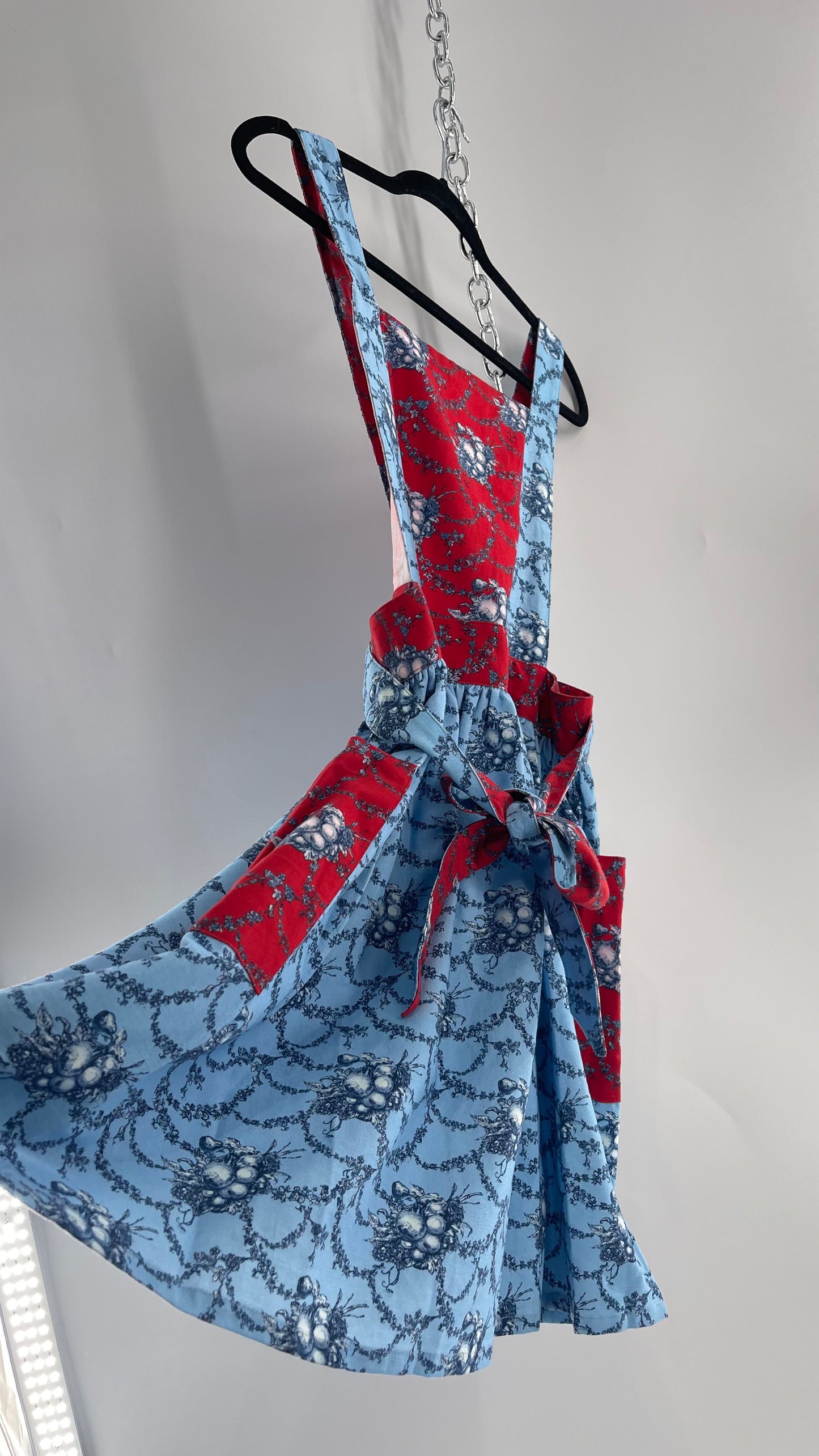 Vintage Apron Red and Baby Blue Floral/Citrus Patterned Mini Dress with Tie Around Bow (S\M)