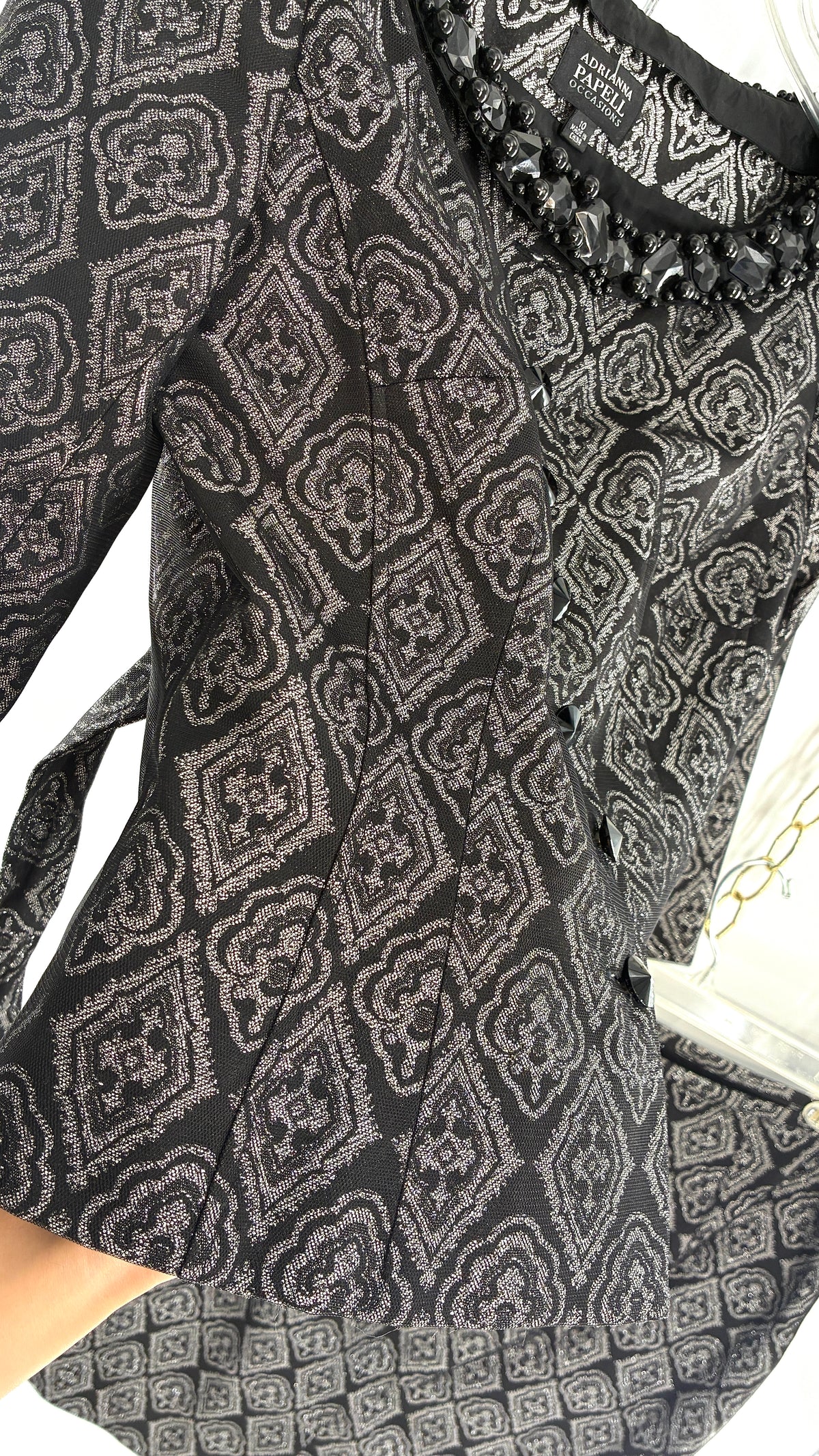 Vintage ADRIANNA PAPPELL Set with Brocade Underlay, Black Mesh Overlay, Waist Snatch, and Mini Skirt (10,8)