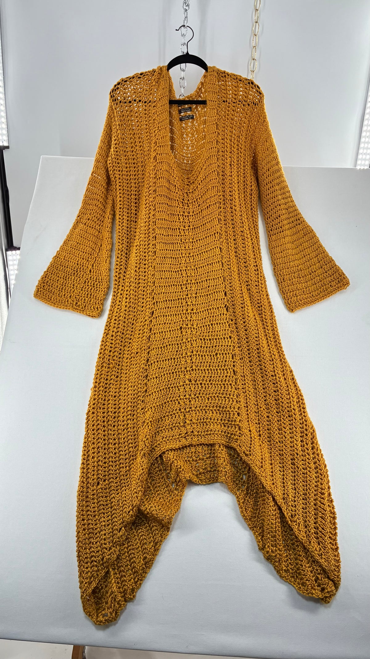 Vintage AUDRIE DESIGNS Mustard Crochet Bell Sleeve Duster Sweater Gown, Hand Knit  (OS)