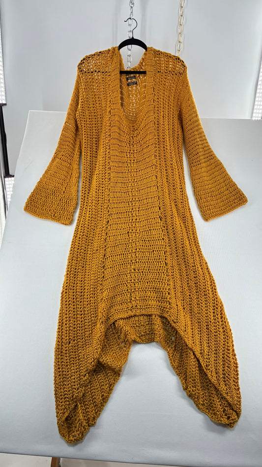 Vintage AUDRIE DESIGNS Mustard Crochet Bell Sleeve Duster Sweater Gown, Hand Knit  (OS)