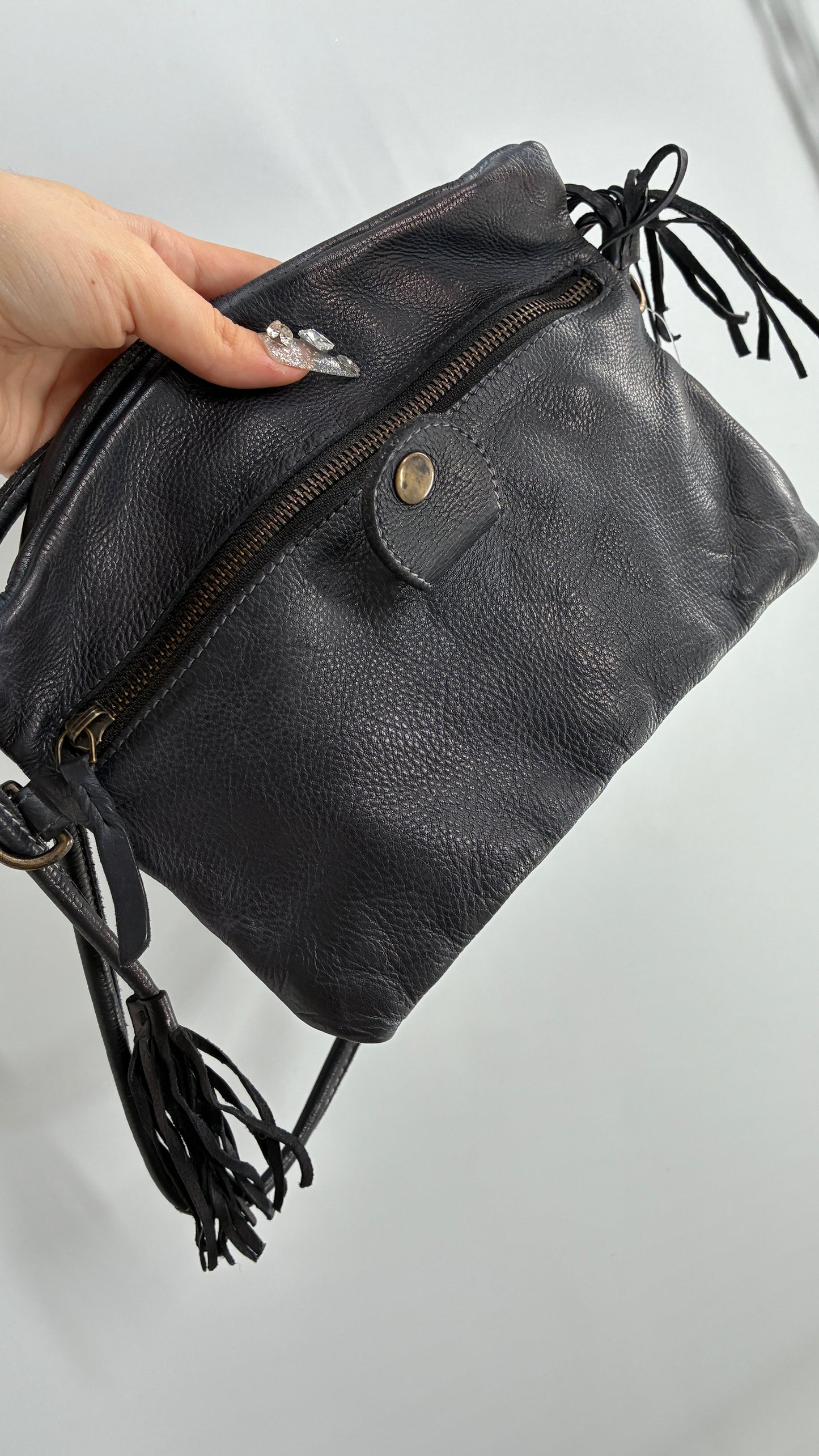Free People Black Leather Cross Body Fringe Tassel Pouch Pocket Purse