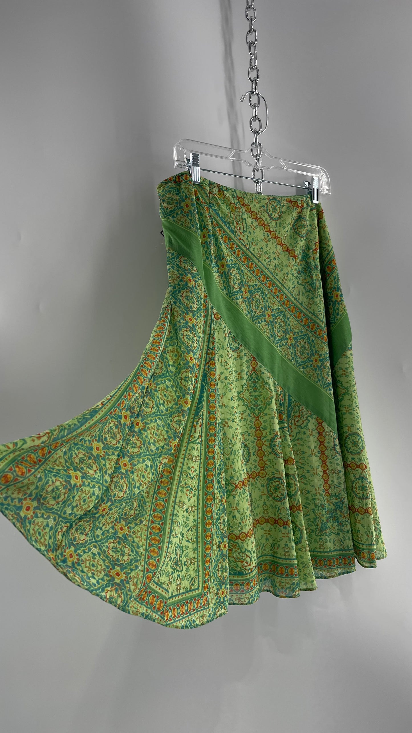 Vintage Green Mixed Pattern Midi Skirt (Large)