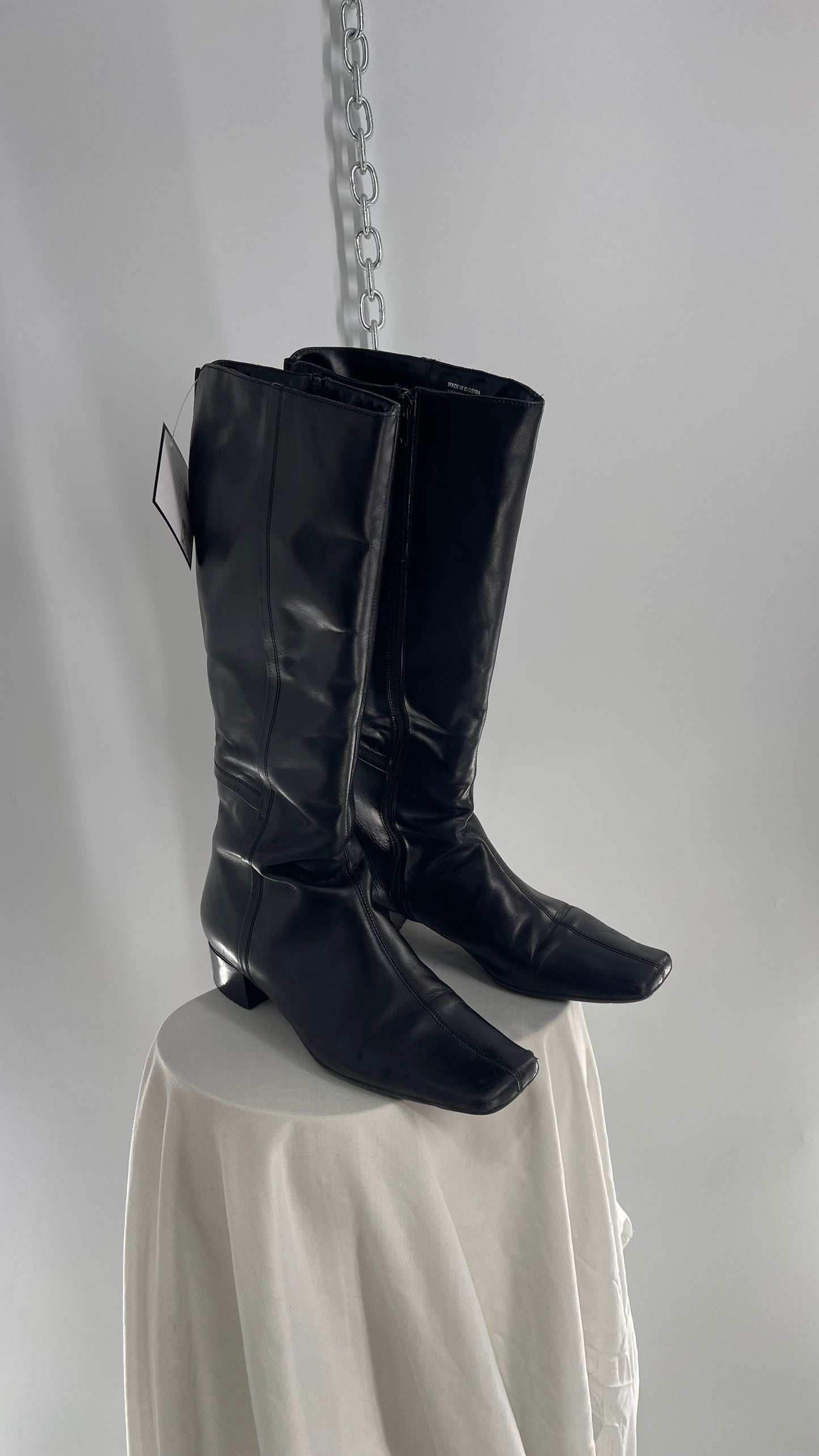 Vintage YKK Black Leather Square Toe Knee High Boot (40)