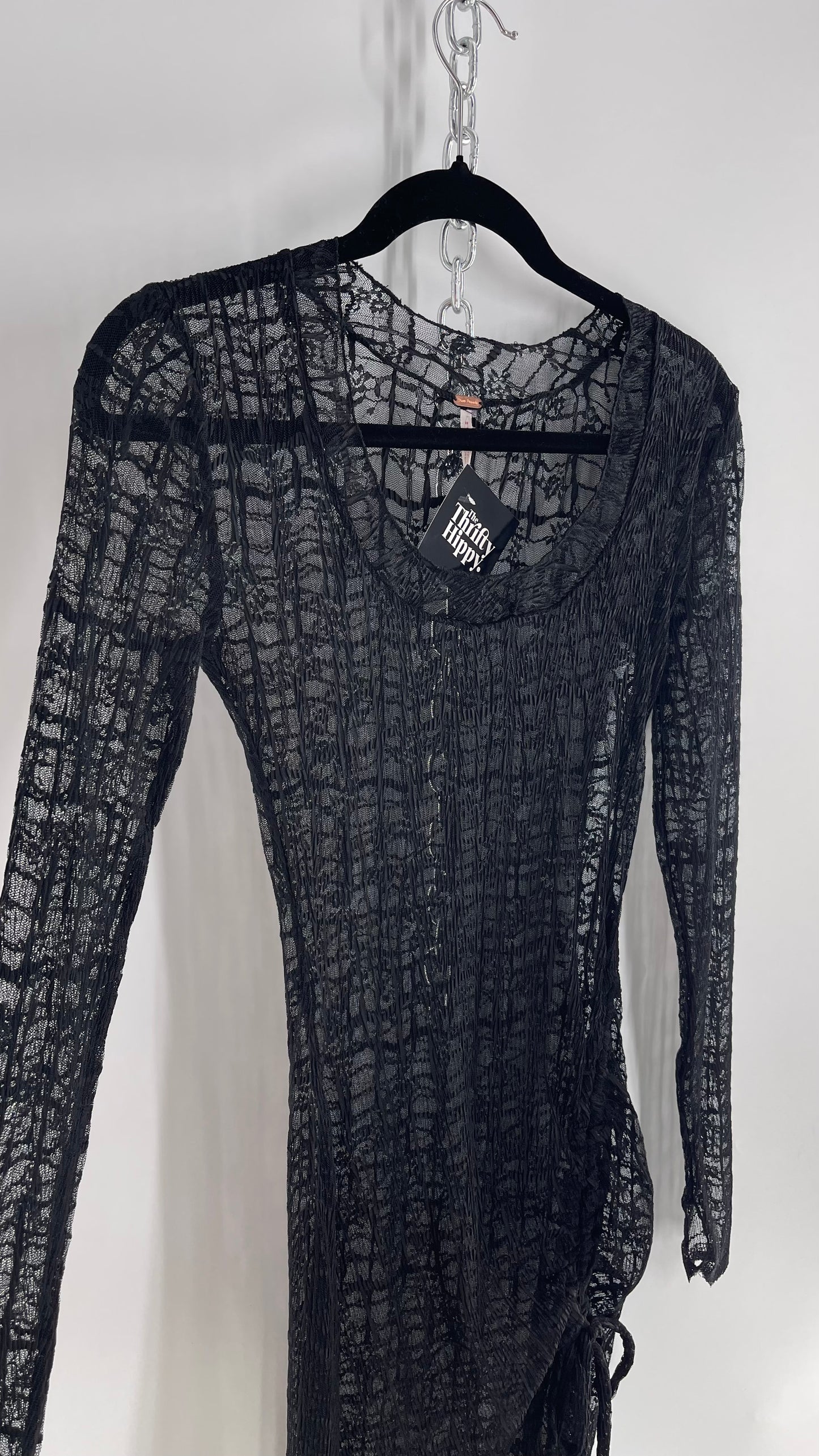 Free People Sabina Black Sheer Crimped Lace Long Sleeve Maxi with Ruched Slit (XS)