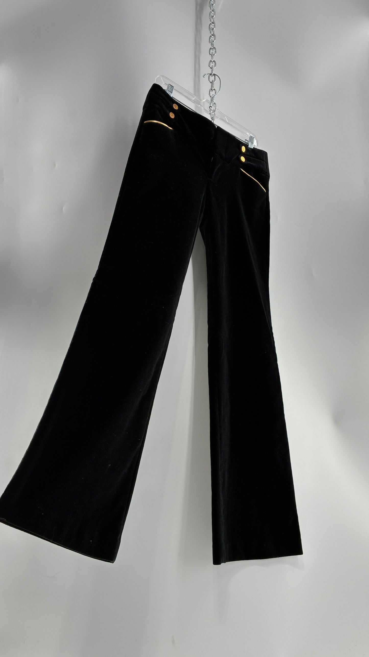 Vintage Alice + Olivia Thick Black Velour Low Rise Kickflare Pants with Thick Waistband with Gold Coin Detailing (6)