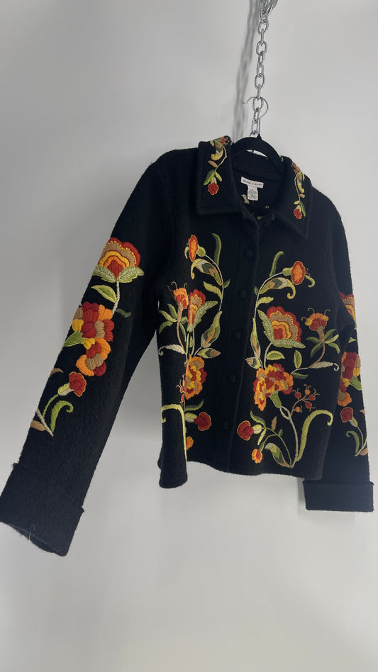 Deane & White Black 100% Wool Orange and Yellow Embroidered Flower Cardigan Jacket (Large)