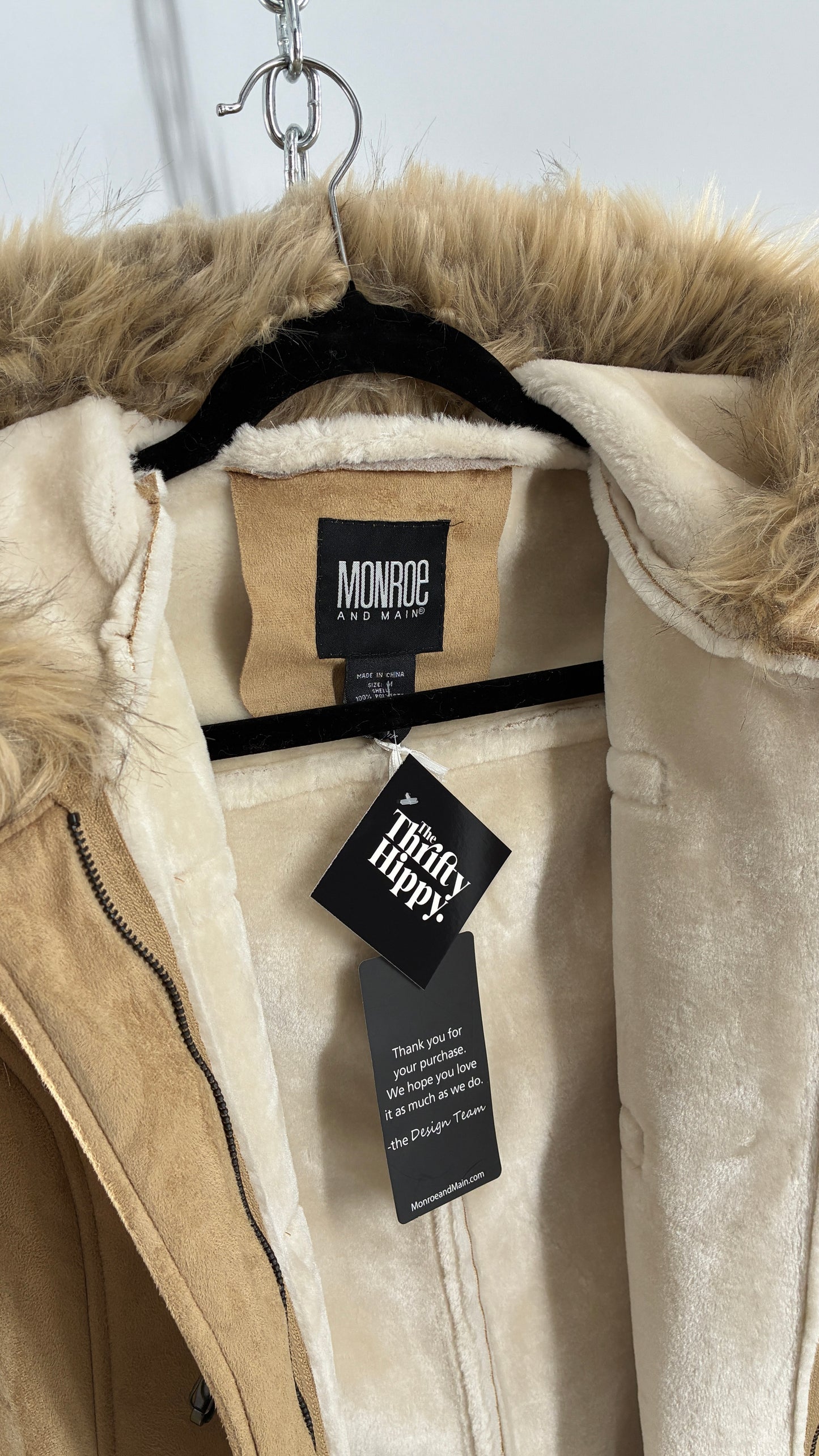 Deadstock Vintage MONROE AND MAIN Vegan Suede Coat with Fur Cuffs and Hood, Tags Attached (Medium)