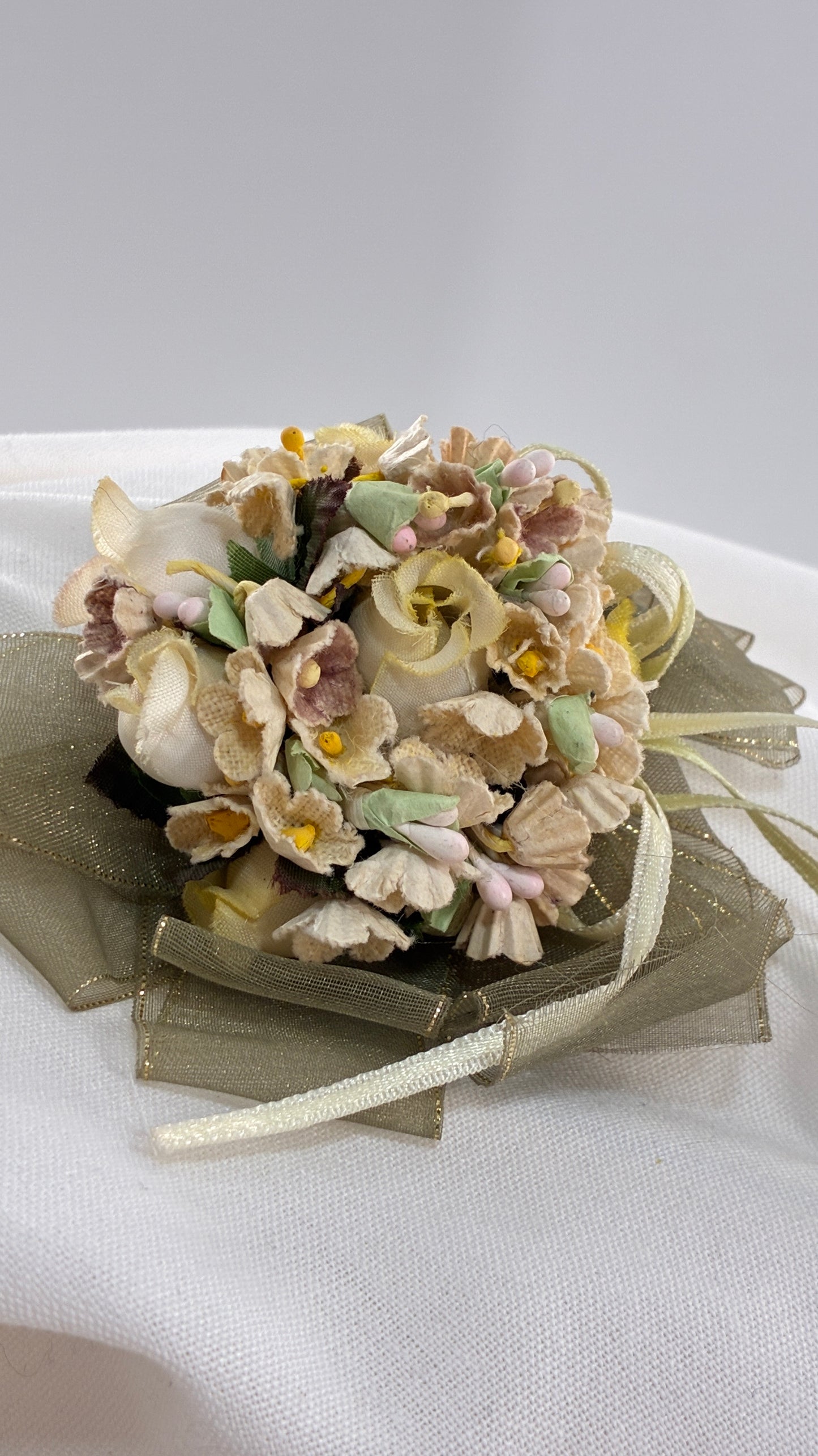 Vintage Brooch Pin with Ribbons and Handmade Fabric Flowers