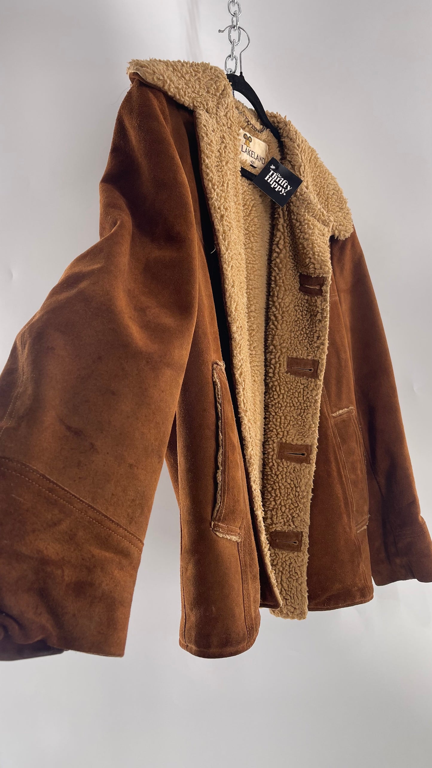 Vintage Heavy Duty Genuine Suede Leather Coat with Teddy Sherpa Lining (C) (Large/42)