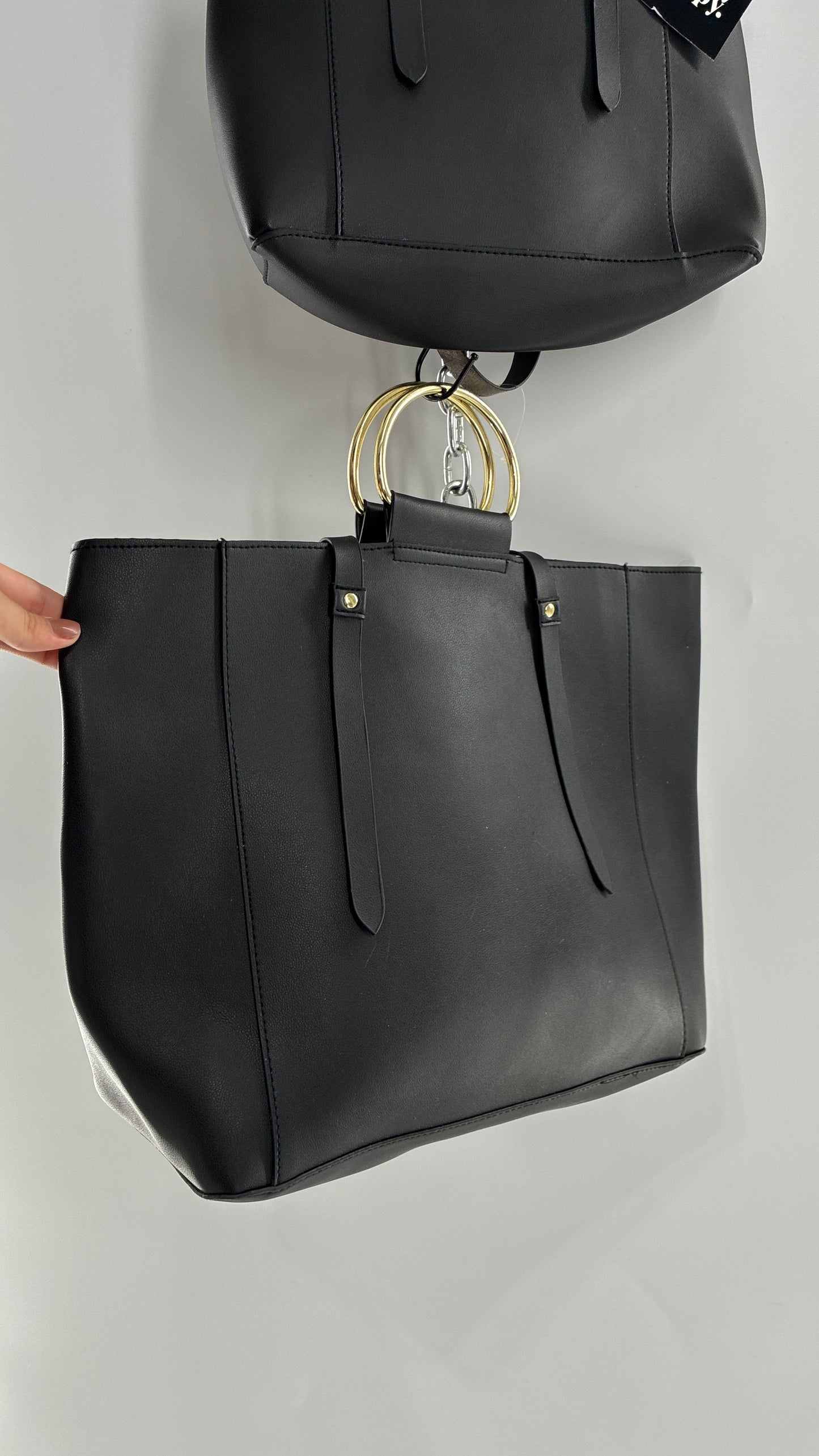 Black Vegan Leather Dual Size Purse Set with Pearl Studs