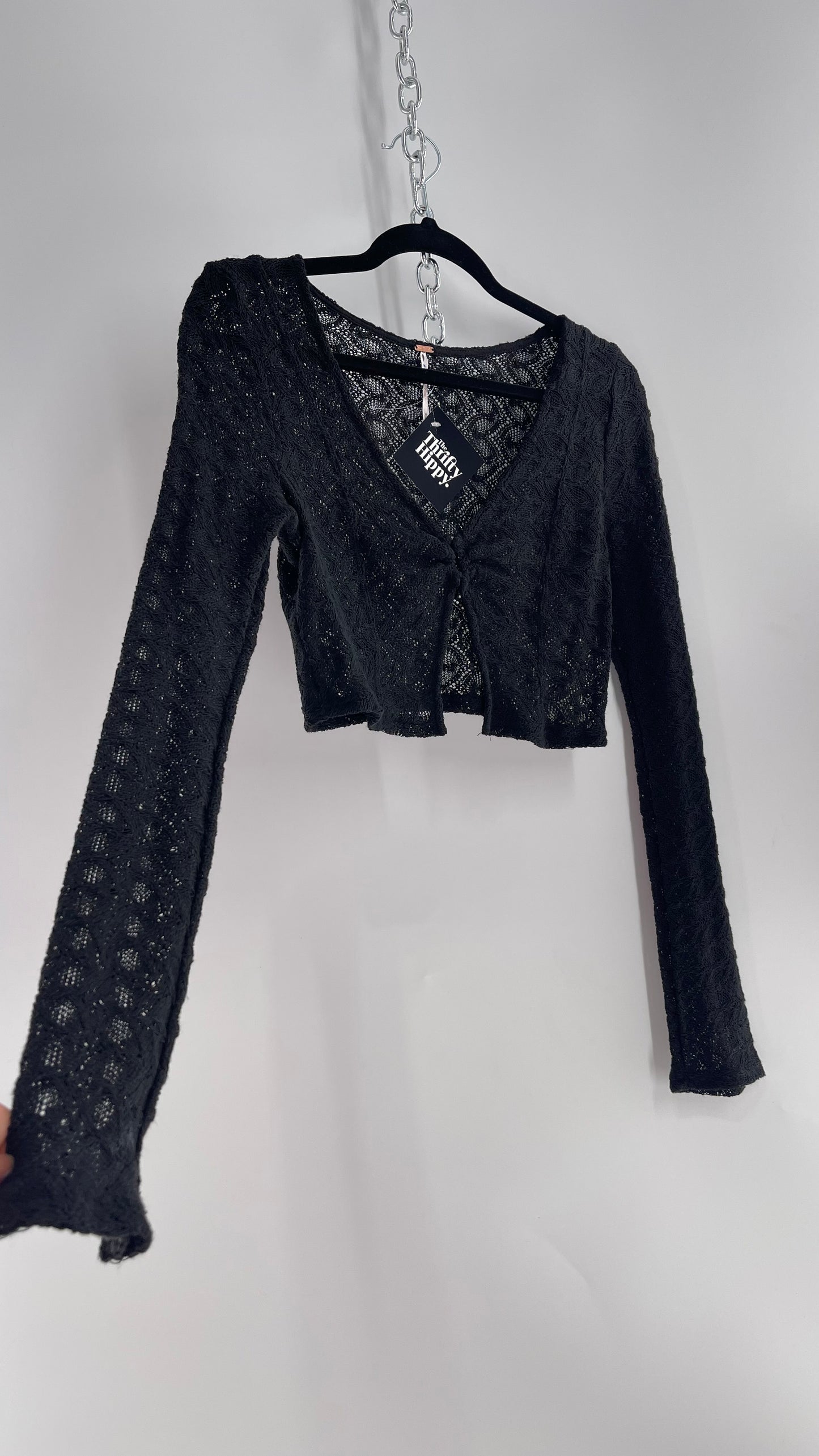 Free People Black Knit Lace/Crochet Like Cropped Long Sleeve with Metal Buckle Bust  (Medium)