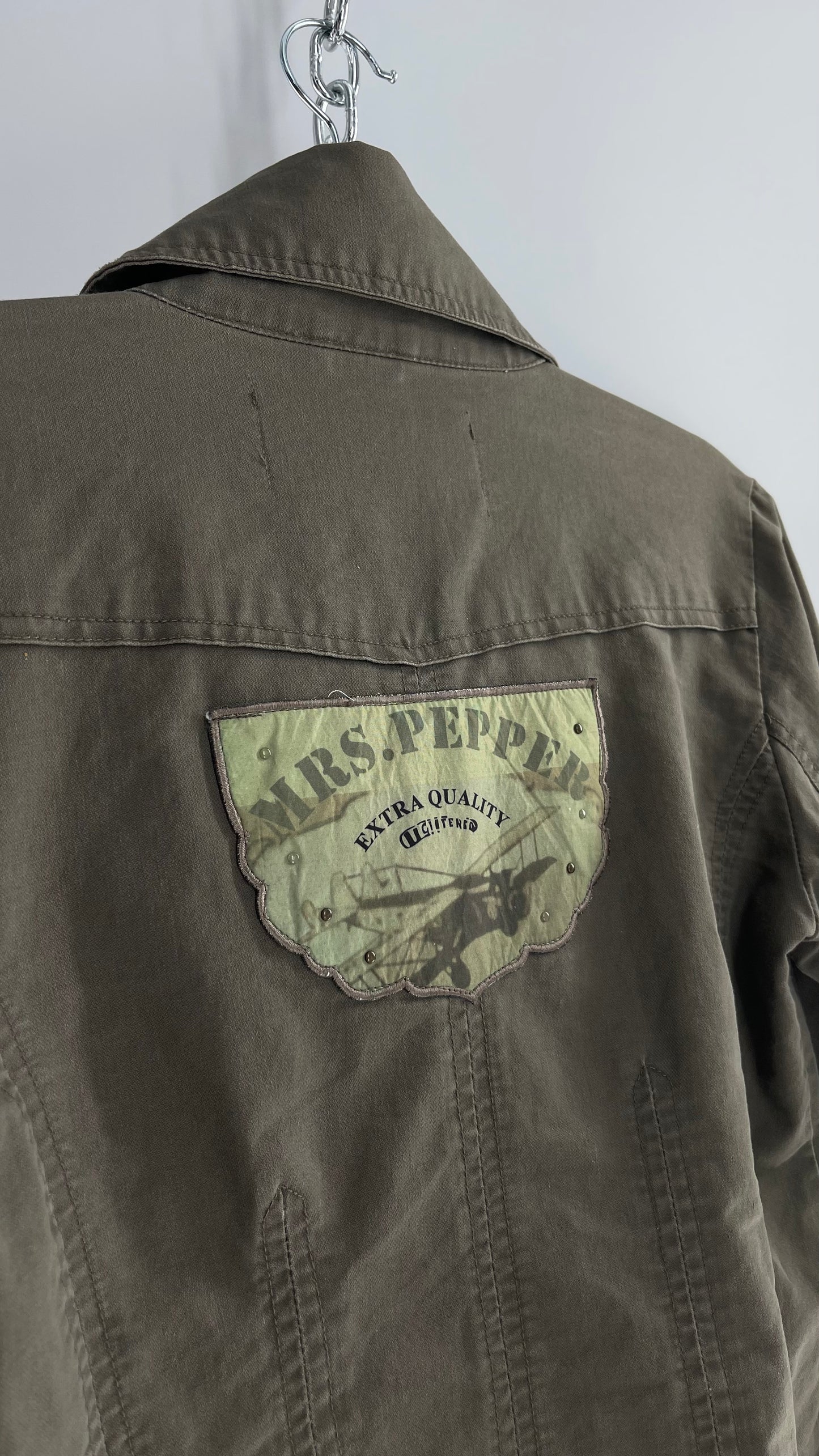 Vintage Mrs.Pepper Army Olive Green Jacket with Military Style Patches and Cuffs (Small)