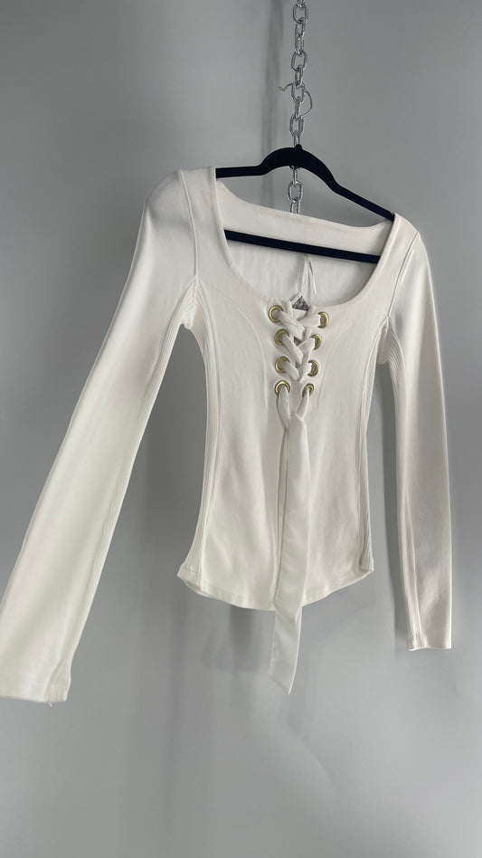 Free People White Lace Up Long Sleeve with Gold Grommets (XS)