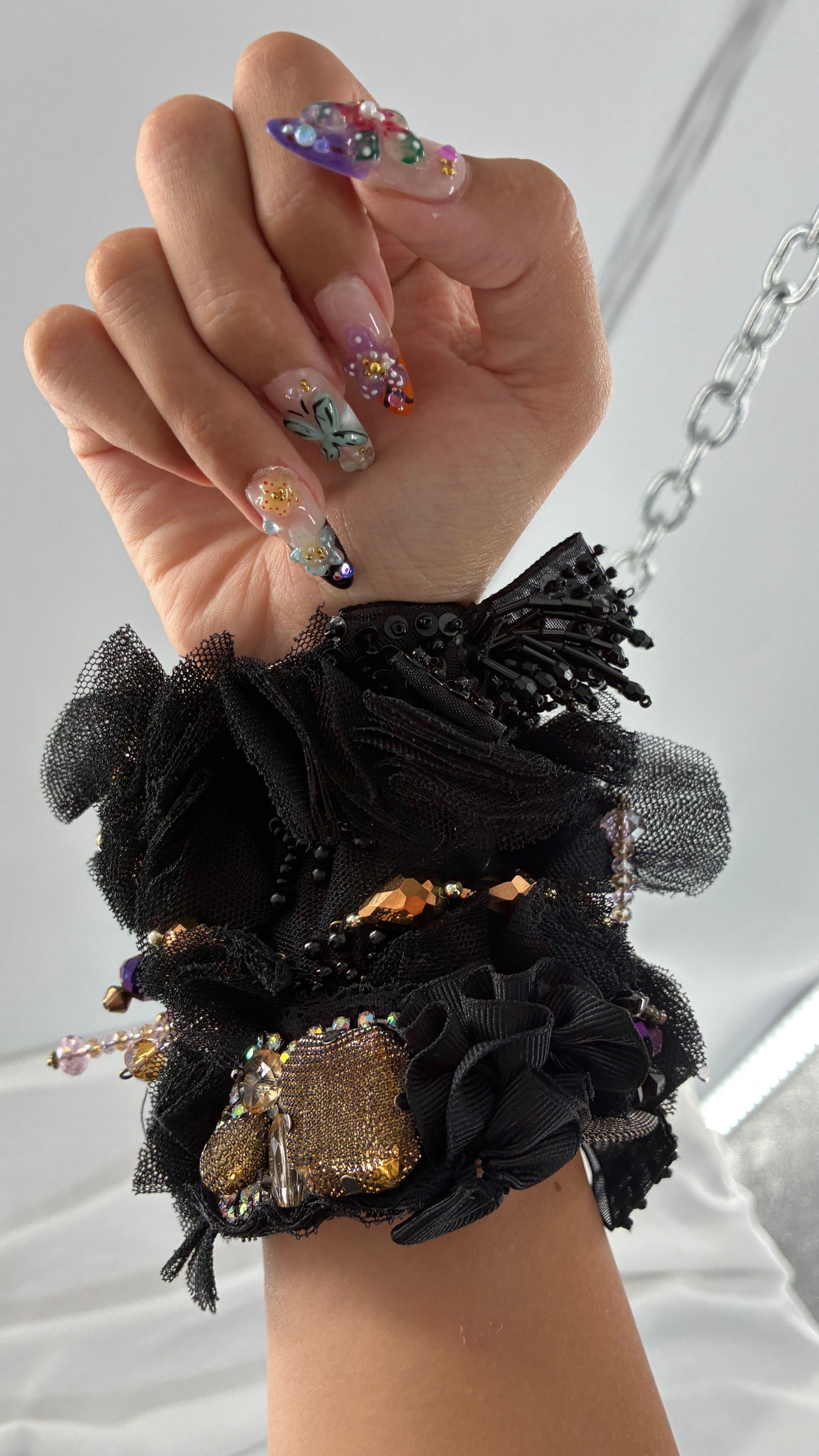 Vintage Black Tulle Jeweled Maximalist Statement Cuff Bracelet