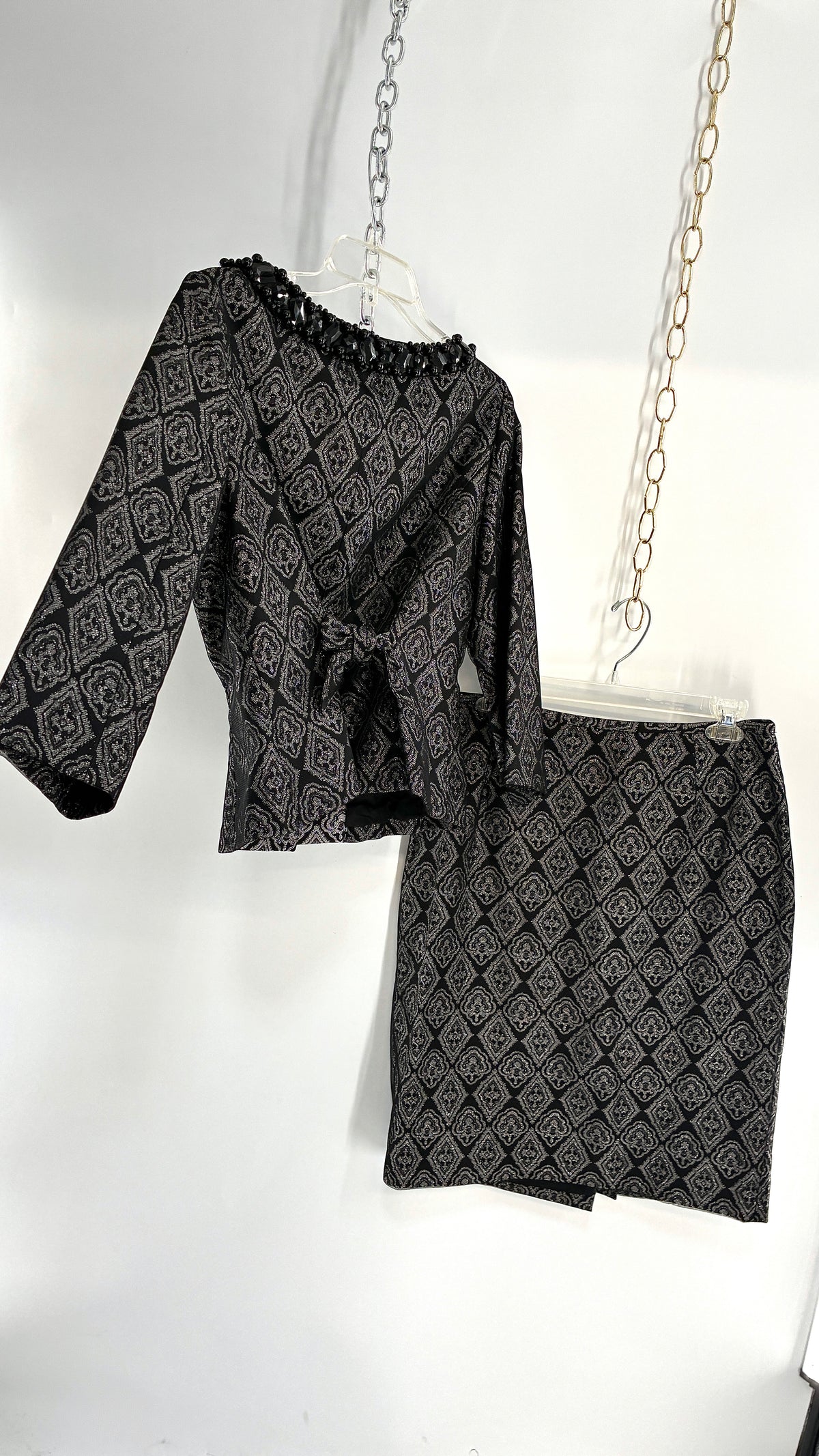 Vintage ADRIANNA PAPPELL Set with Brocade Underlay, Black Mesh Overlay, Waist Snatch, and Mini Skirt (10,8)