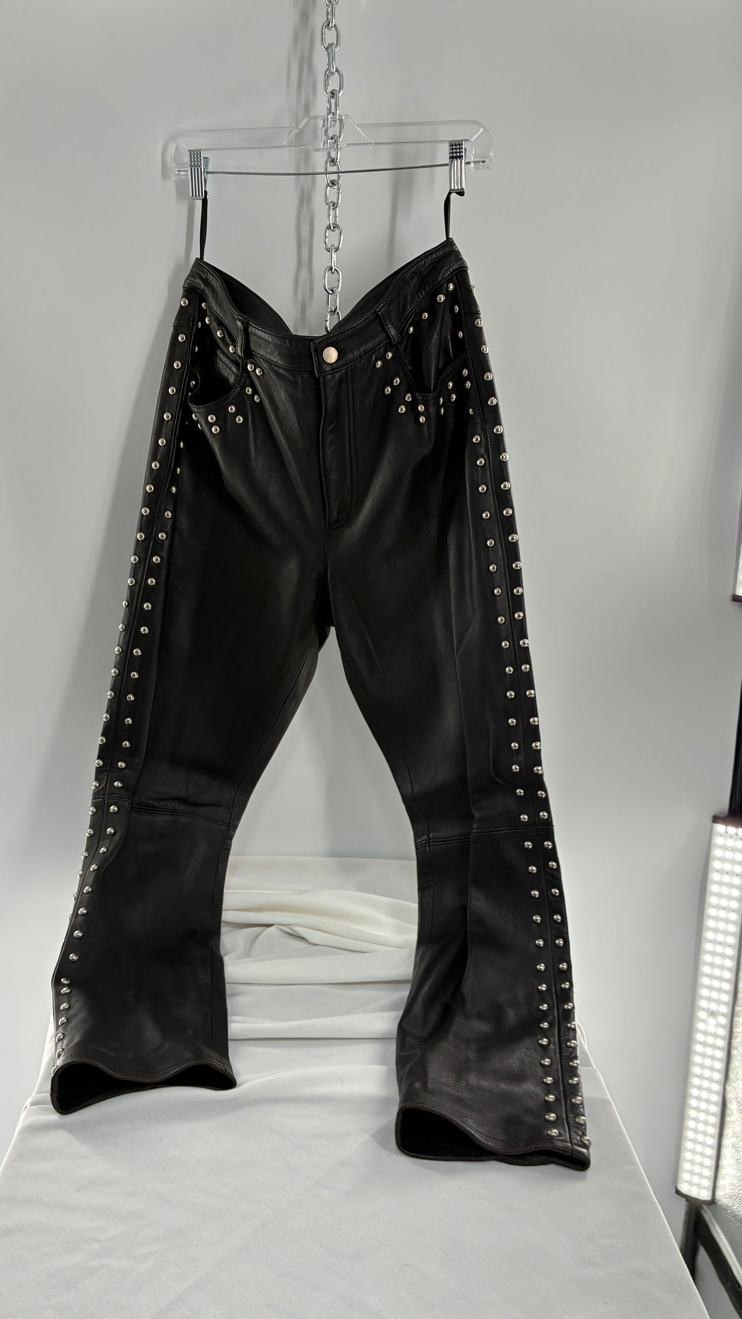 Vintage DKNY Genuine Leather Black Hip to Hem Studded Straight Legs (12)