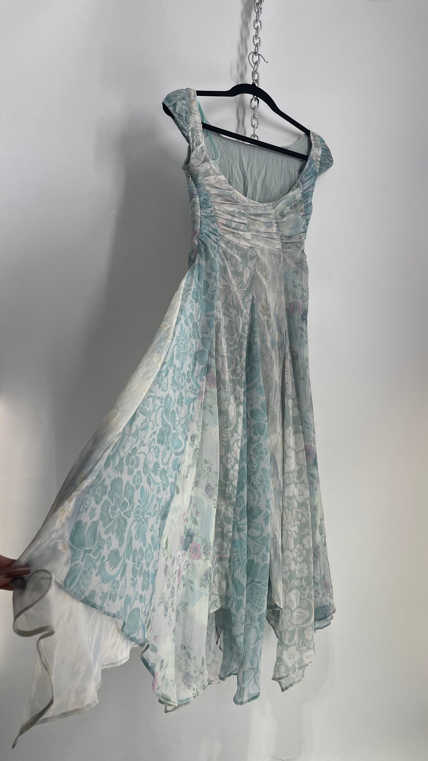 Free People Heart to Heart Blue Ruche Bust Handkerchief Hem Gown (0)