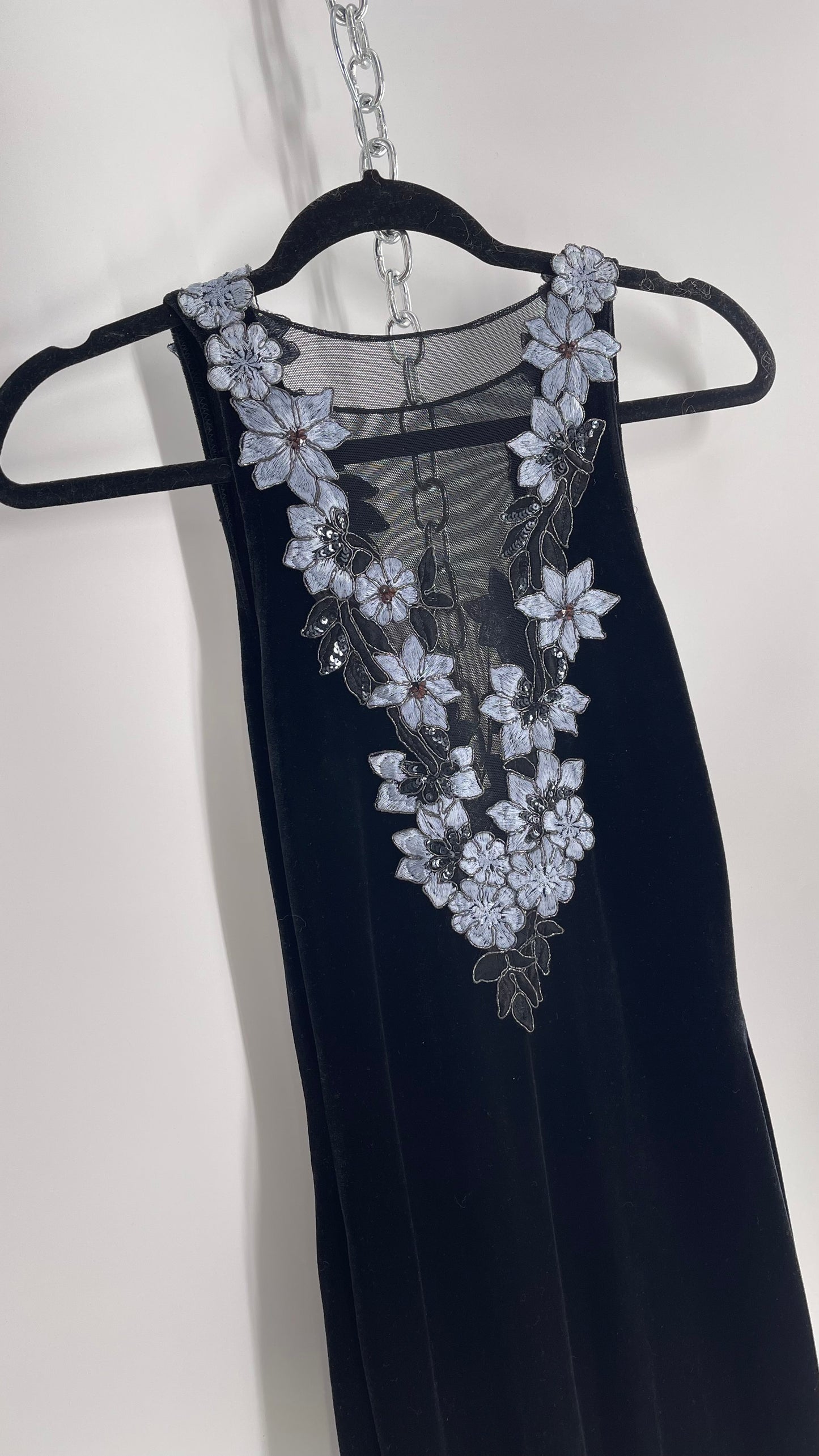 Vintage Jessica McClintock Black Velvet Fit And Flare Gown with Plunging Neckline Covered in Embroidered Beaded Pale Blue Flowers (2)