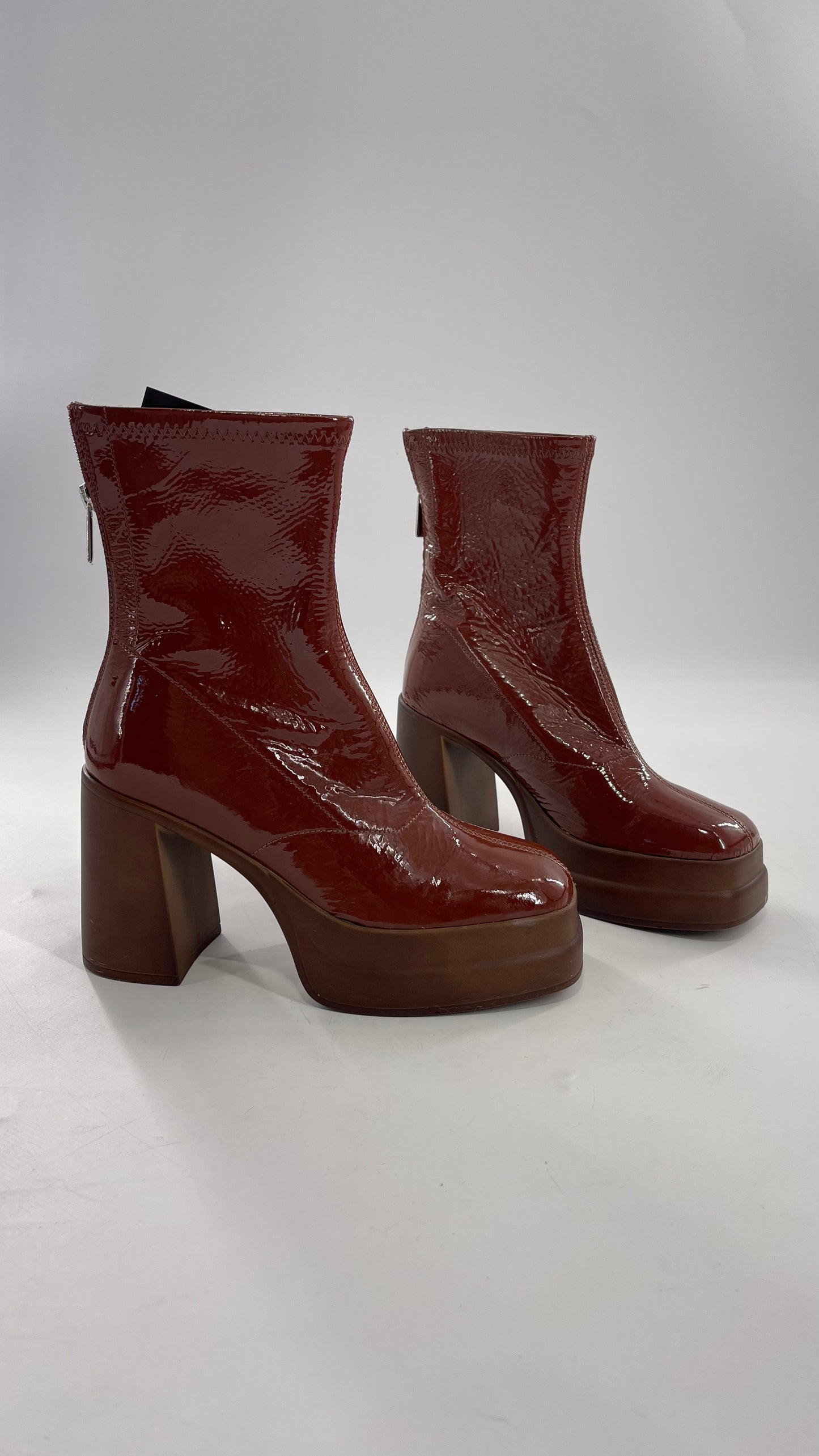 Free People Double StackedGlossy Patent Chestnut Brown Platform Boots with Chunky Heels (37.5)
