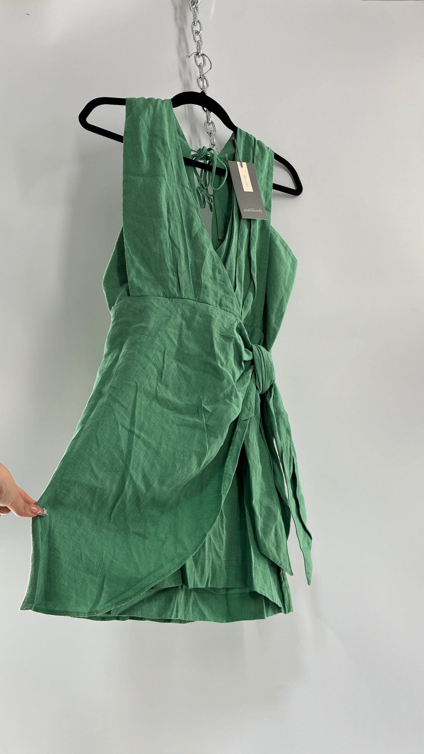 Pink Filosofy Masaru 100% Lino/Linen Green Tie Side Dress (Small)