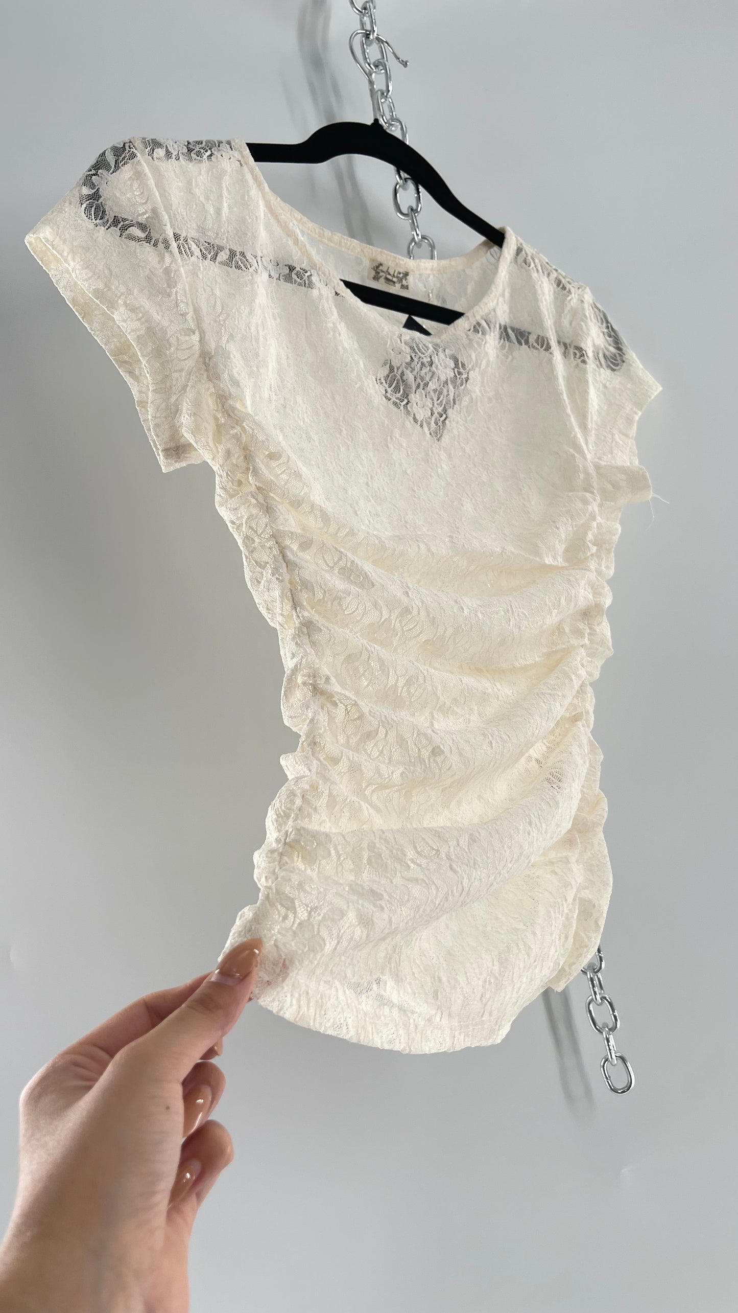 Free People Ivory Lace Ruched T Shirt (Small)