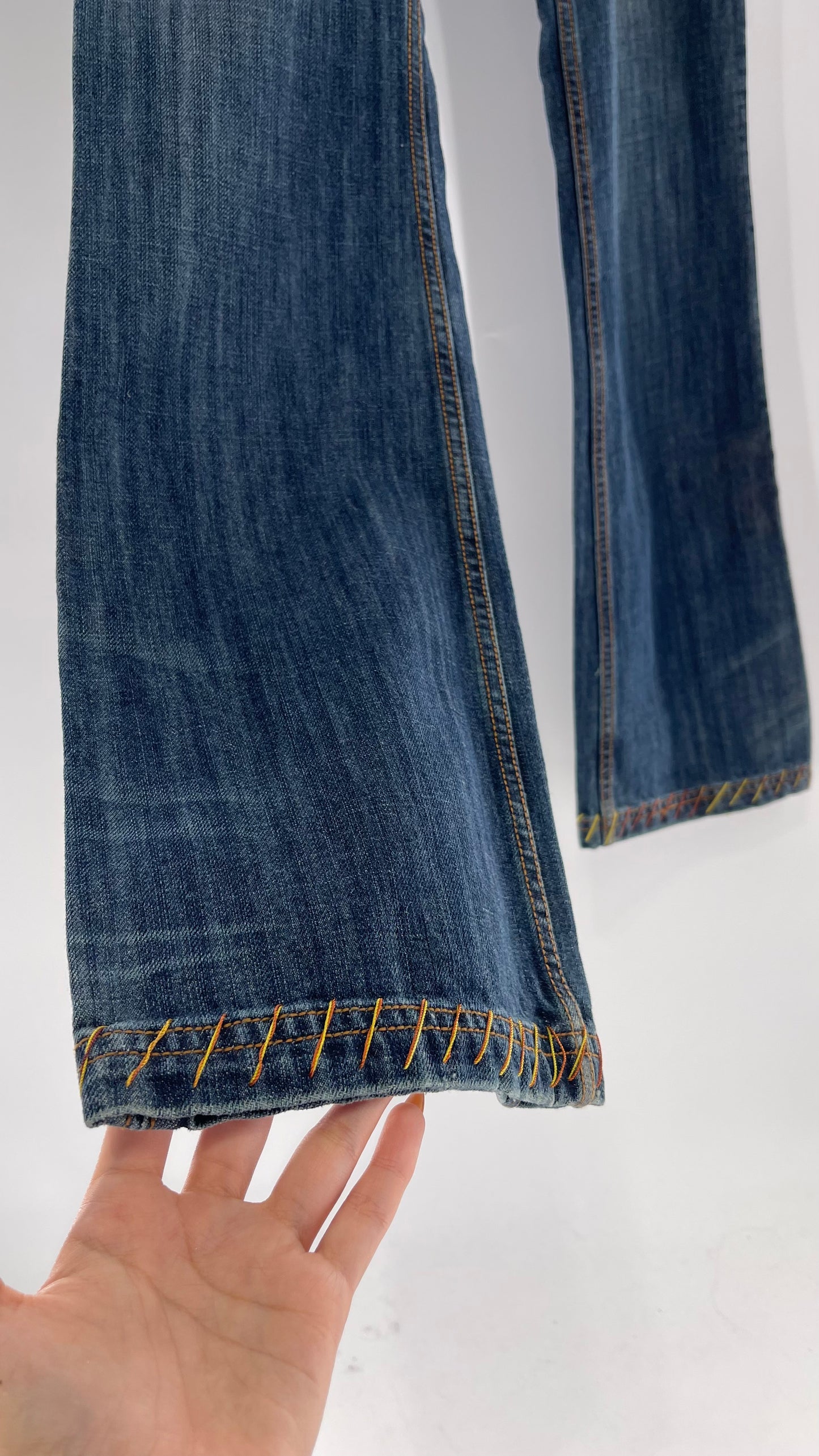 Vintage RARE Antik Denim Kick Flares with Embroidered Flower Design and Contrast Stitching (28)