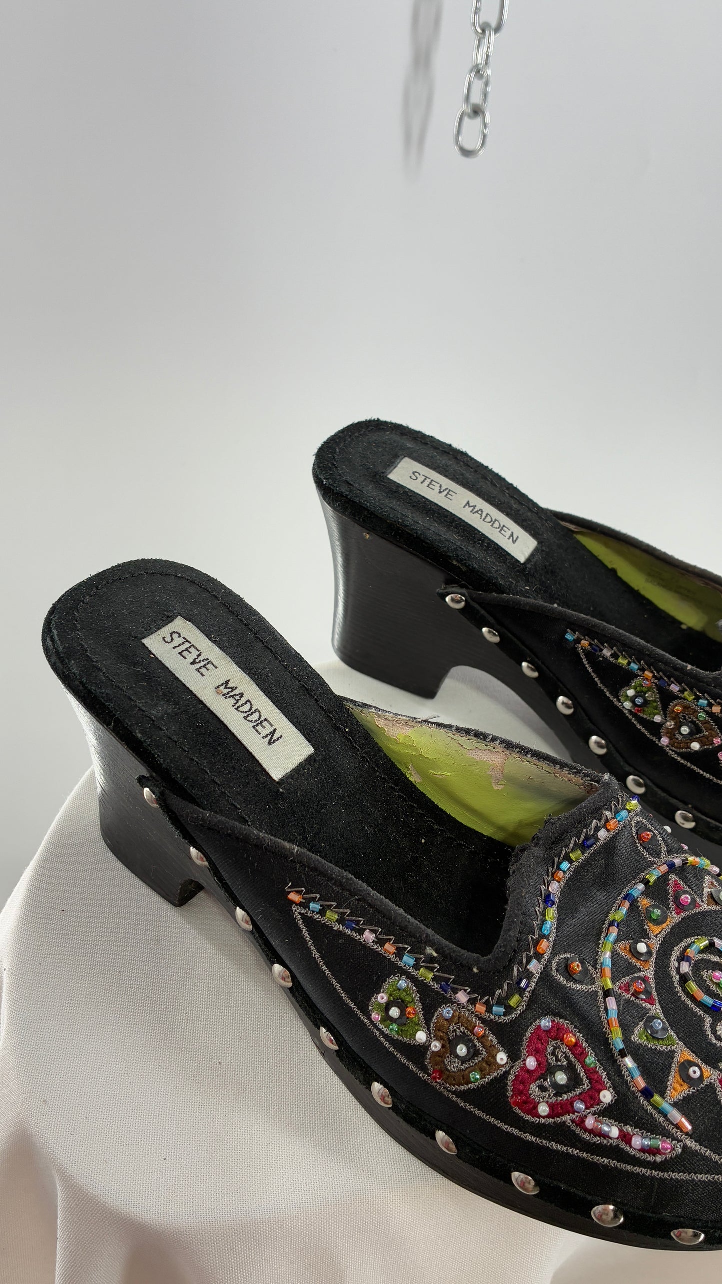 Vintage 1990s STEVE MADDEN Black Wooden Heel Clogs with Embroidered and Beaded Design (7.5)