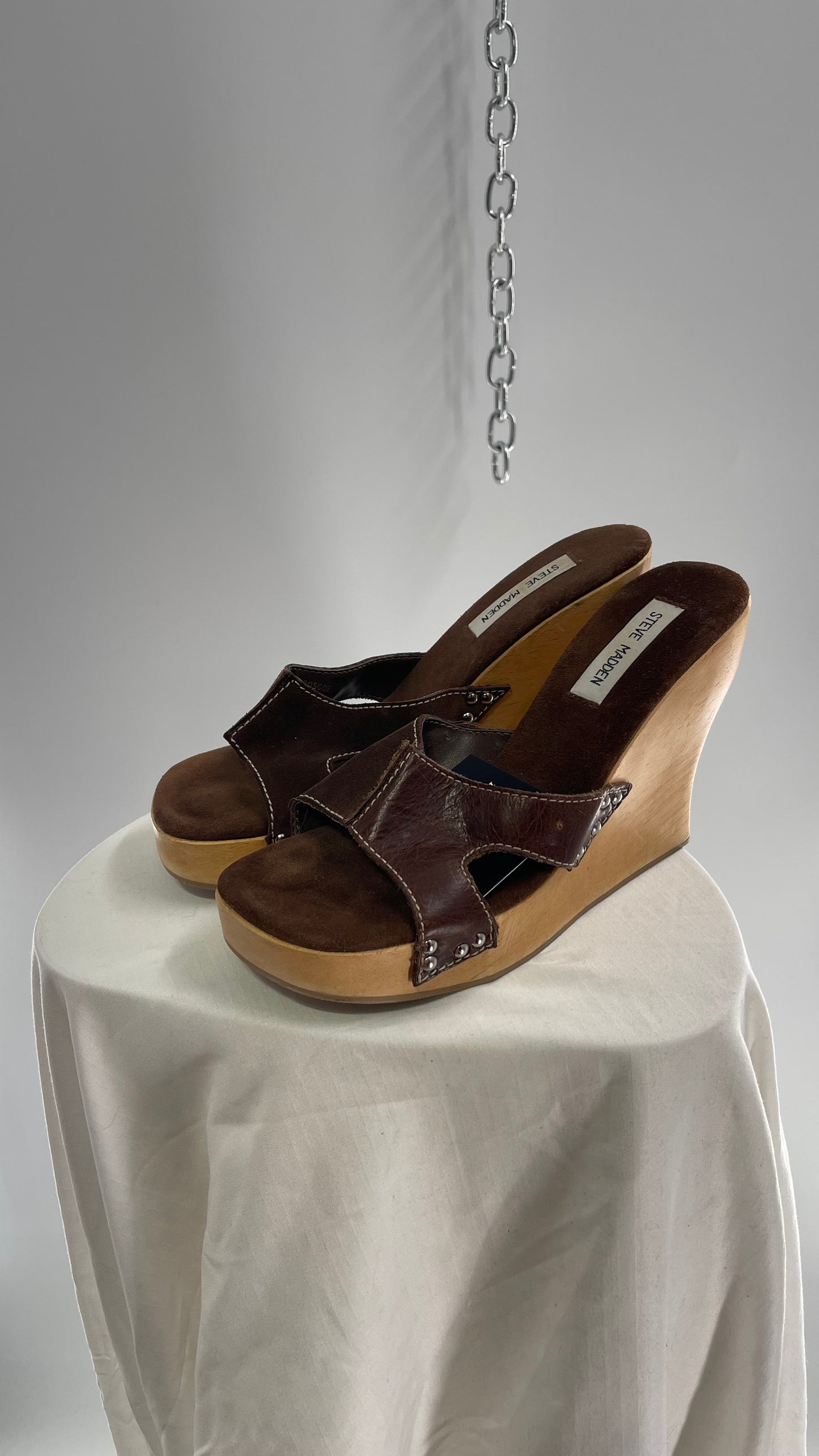 STEVE MADDEN Brown Suede Leather Strappy Wooden Wedge Heel Sandal (10)